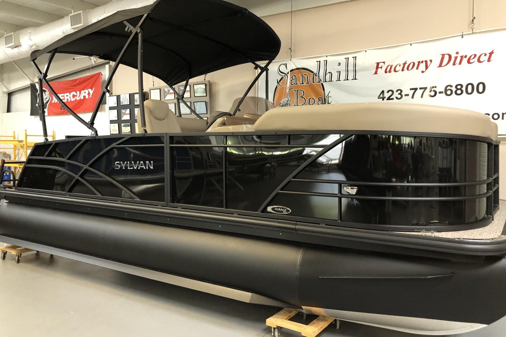2027 Sylvan Mirage 820 CLZ DH pontoon boat displayed indoors at Sandhill Boat.
