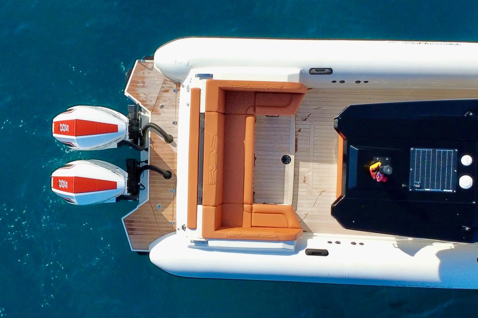 Overhead view of 2025 Technohull 38 Grand Sport boat with twin engines.