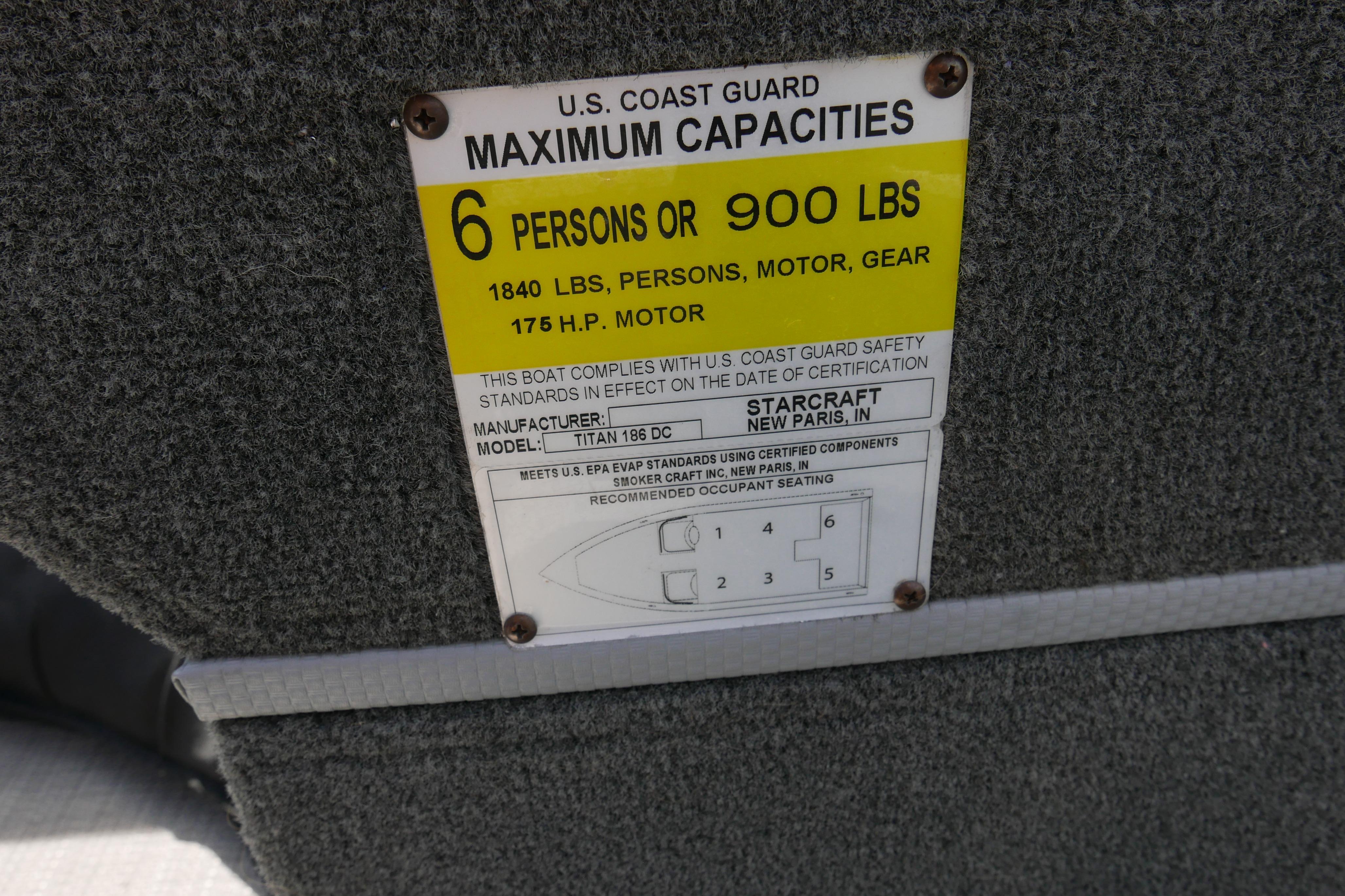U.S. Coast Guard capacity label on 2016 Starcraft Titan 186 boat, seating six people.