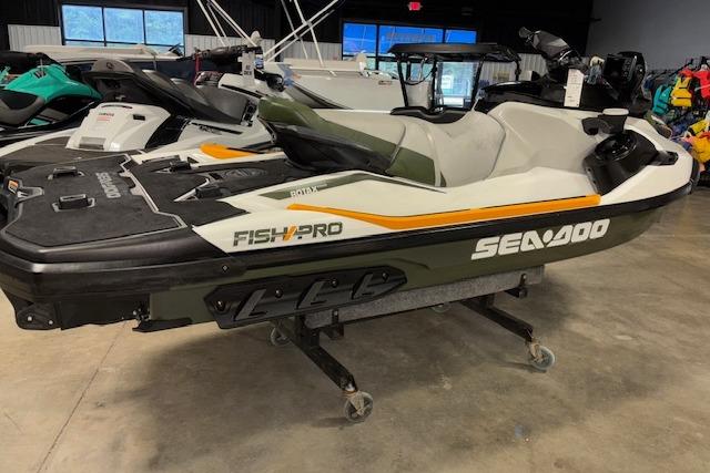 2020 Sea-Doo FISH PRO jet ski on display in showroom.