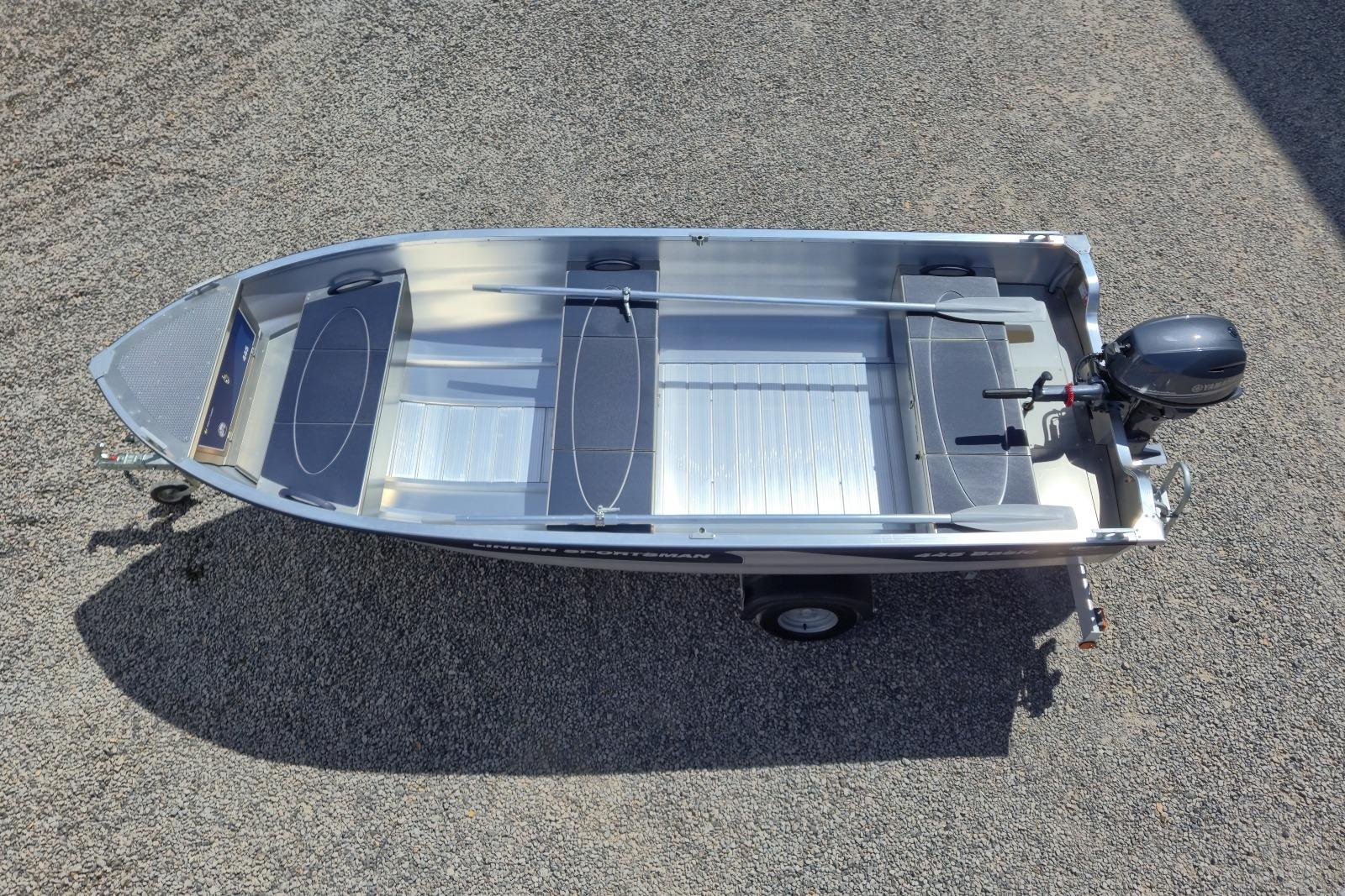 2026 Linder Sportsman 445 Basic Package boat on gravel, top view.
