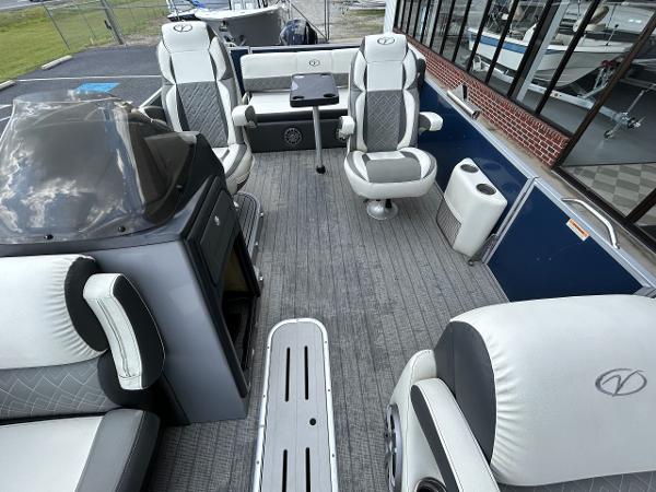 Interior of a 2020 Veranda VP22VLC pontoon boat with luxurious seating.