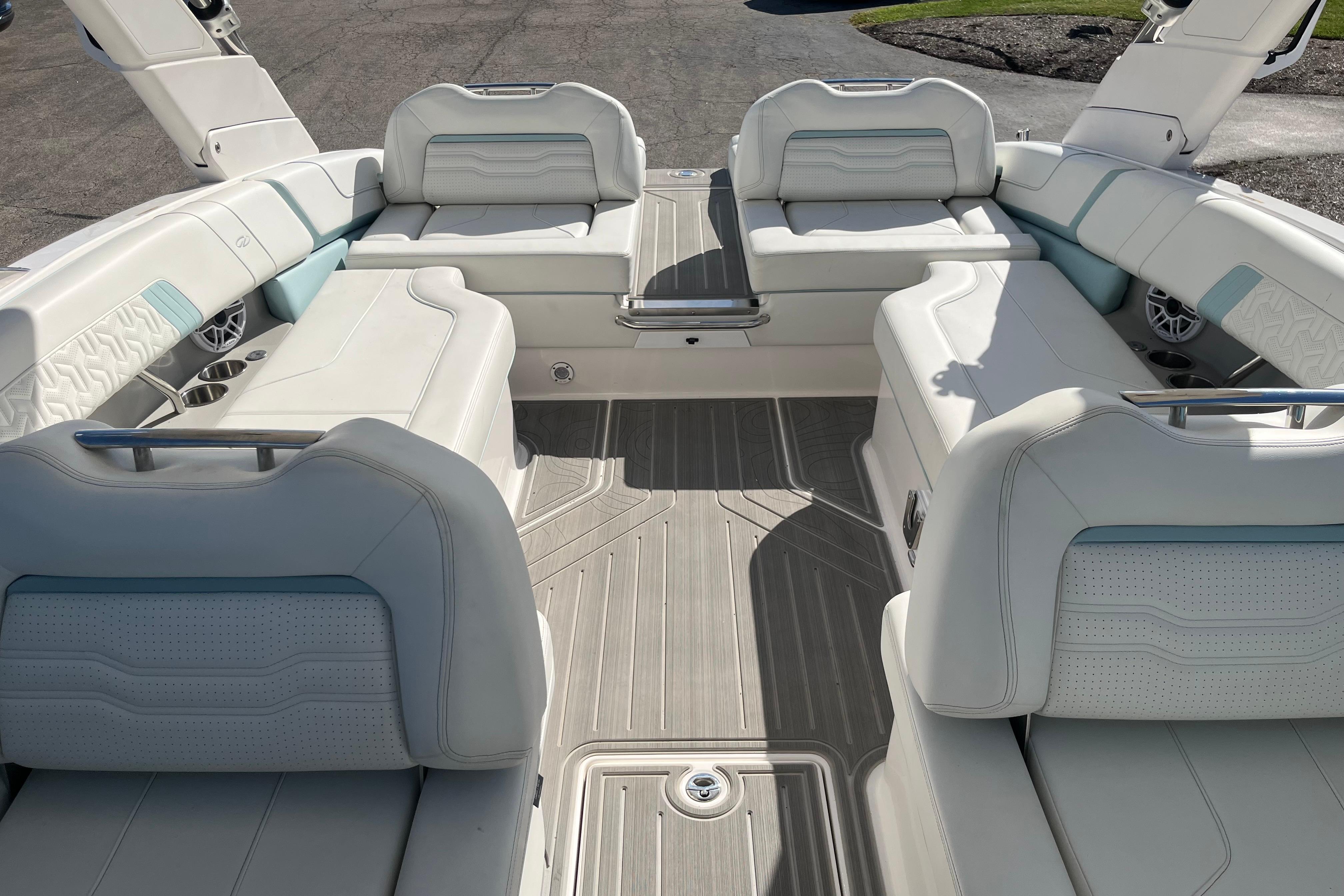 2024 Regal LS9 Surf boat interior with luxurious white seating and modern design.