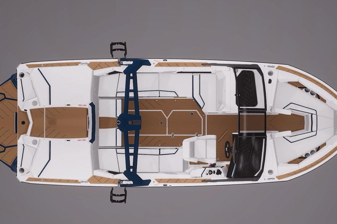 Top view of 2027 Nautique Super Air Nautique S23 boat, showcasing sleek design and spacious interior.