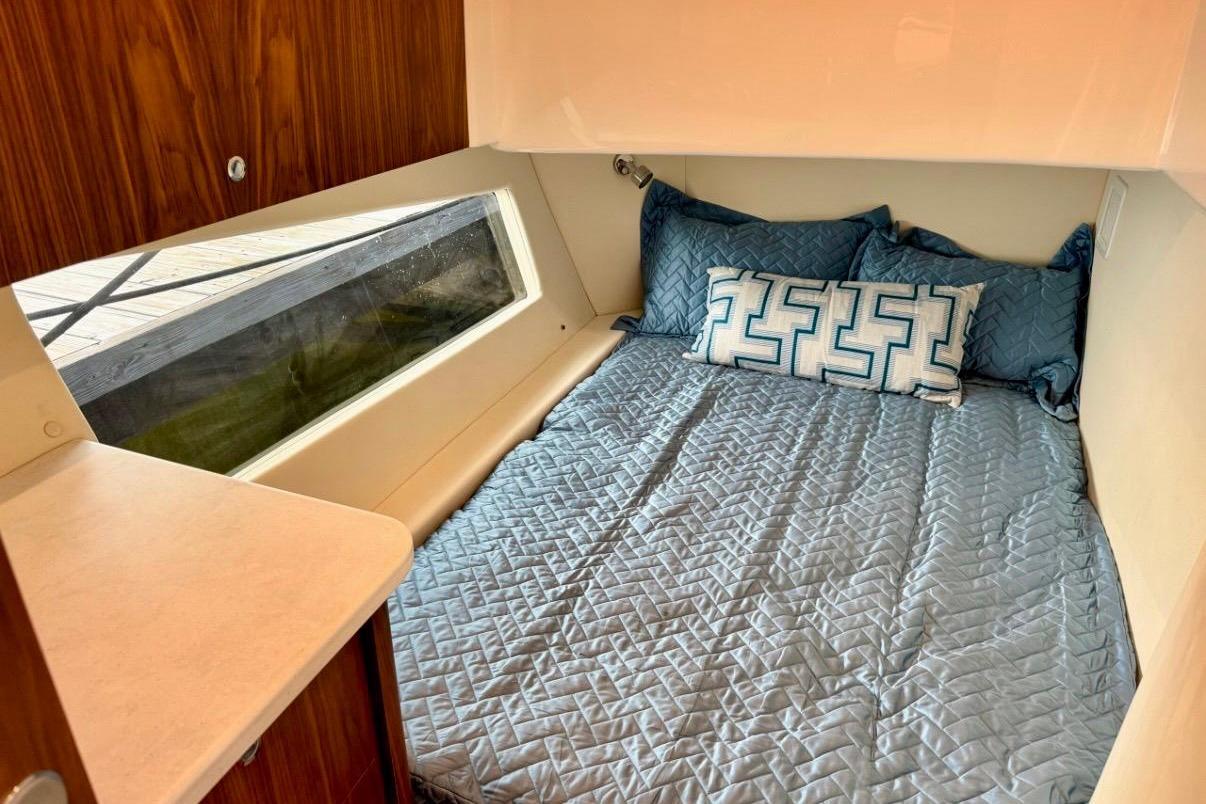 Cozy cabin interior of 2026 Intrepid 50 with blue bedding and large window.