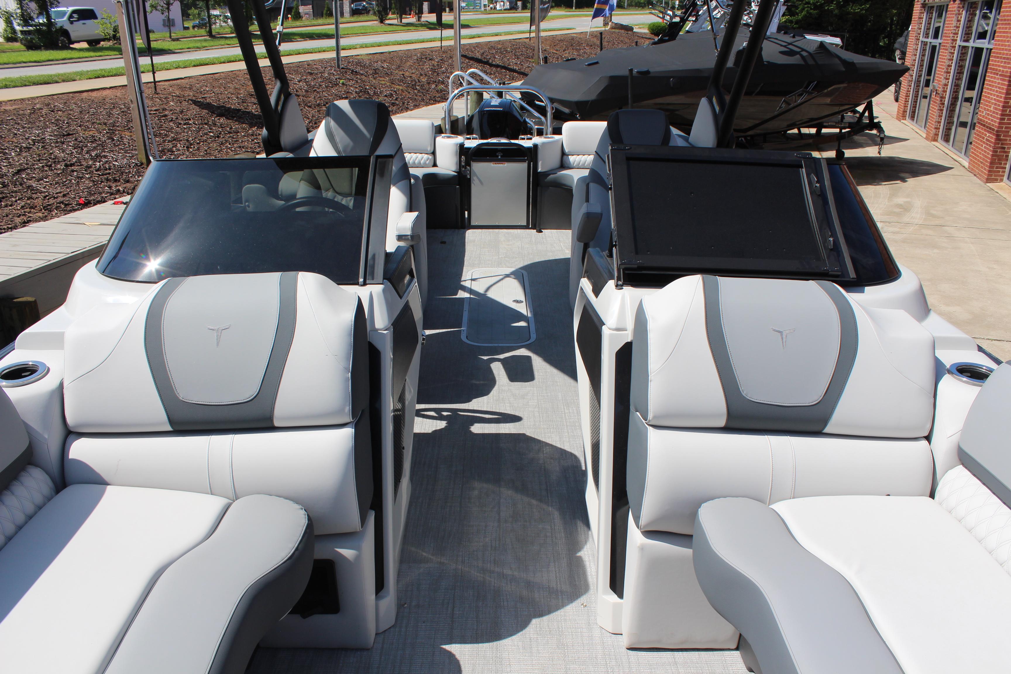 2025 Tahoe Pontoon Cascade Quad Lounge Windshield interior with modern seating and sleek design.
