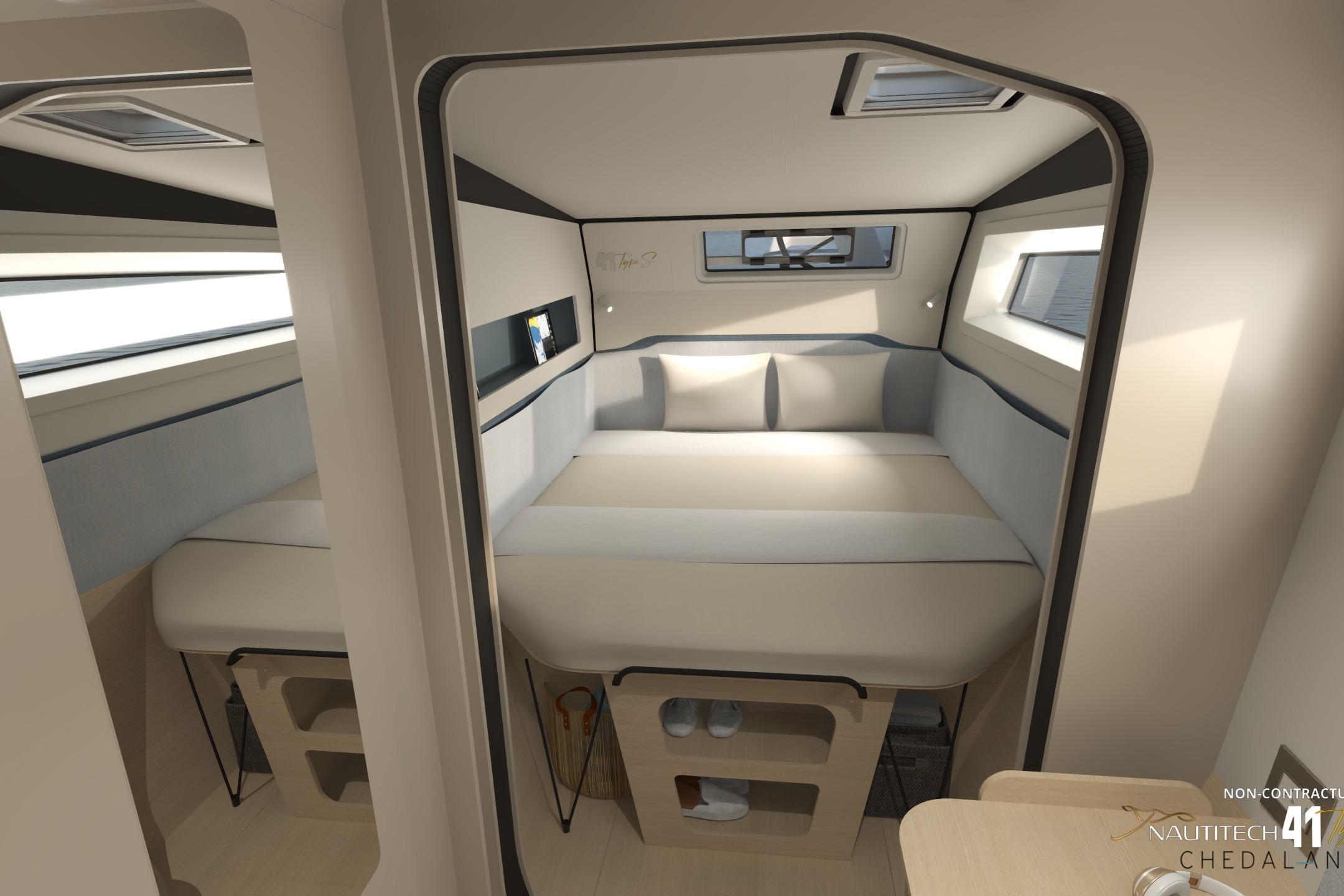 Interior of Nautitech 41 Type S 2026, modern bedroom design.