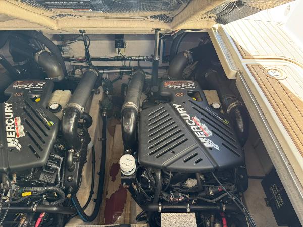 Engine compartment of a 2004 Sea Ray 390 Sundancer with twin Mercury engines.