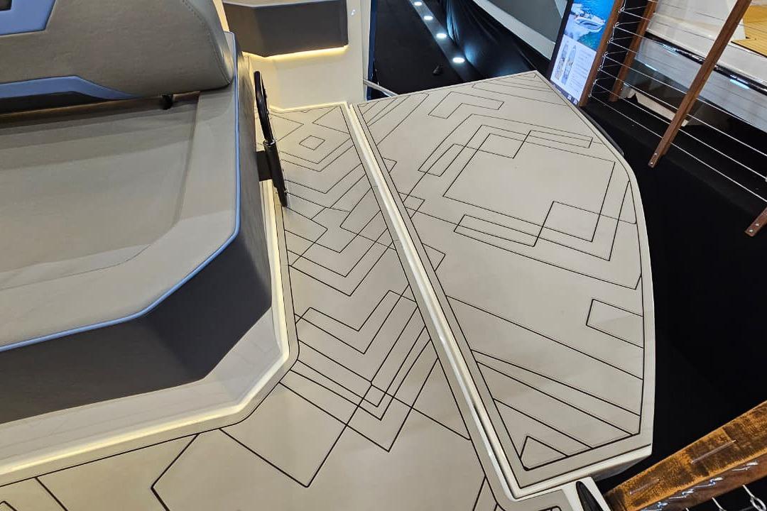 Modern boat deck with geometric patterns, Hanover 327 model, 2026 design.
