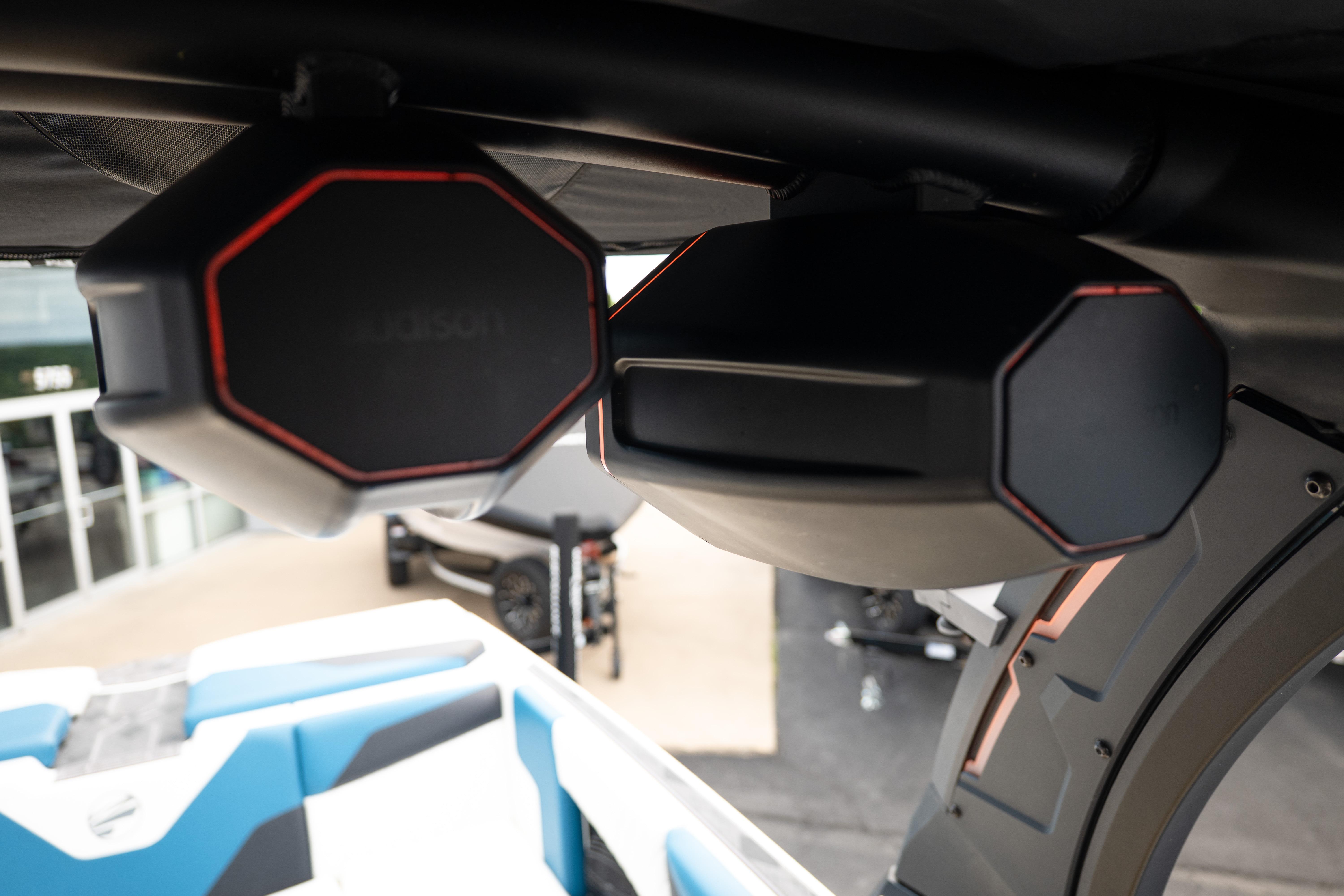 2024 Tigé Z5 boat speakers with modern design and red accents.