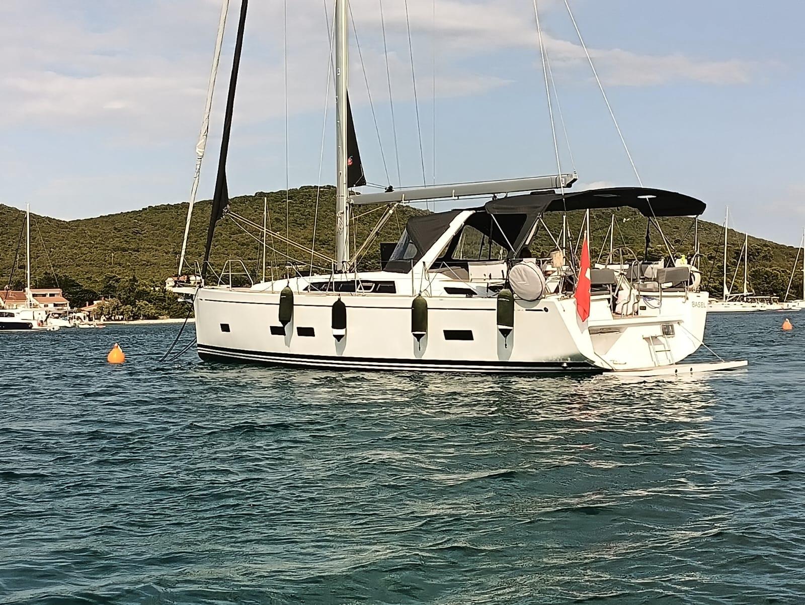 Grand Soleil LC42 sailboat 2023 anchored on calm waters.