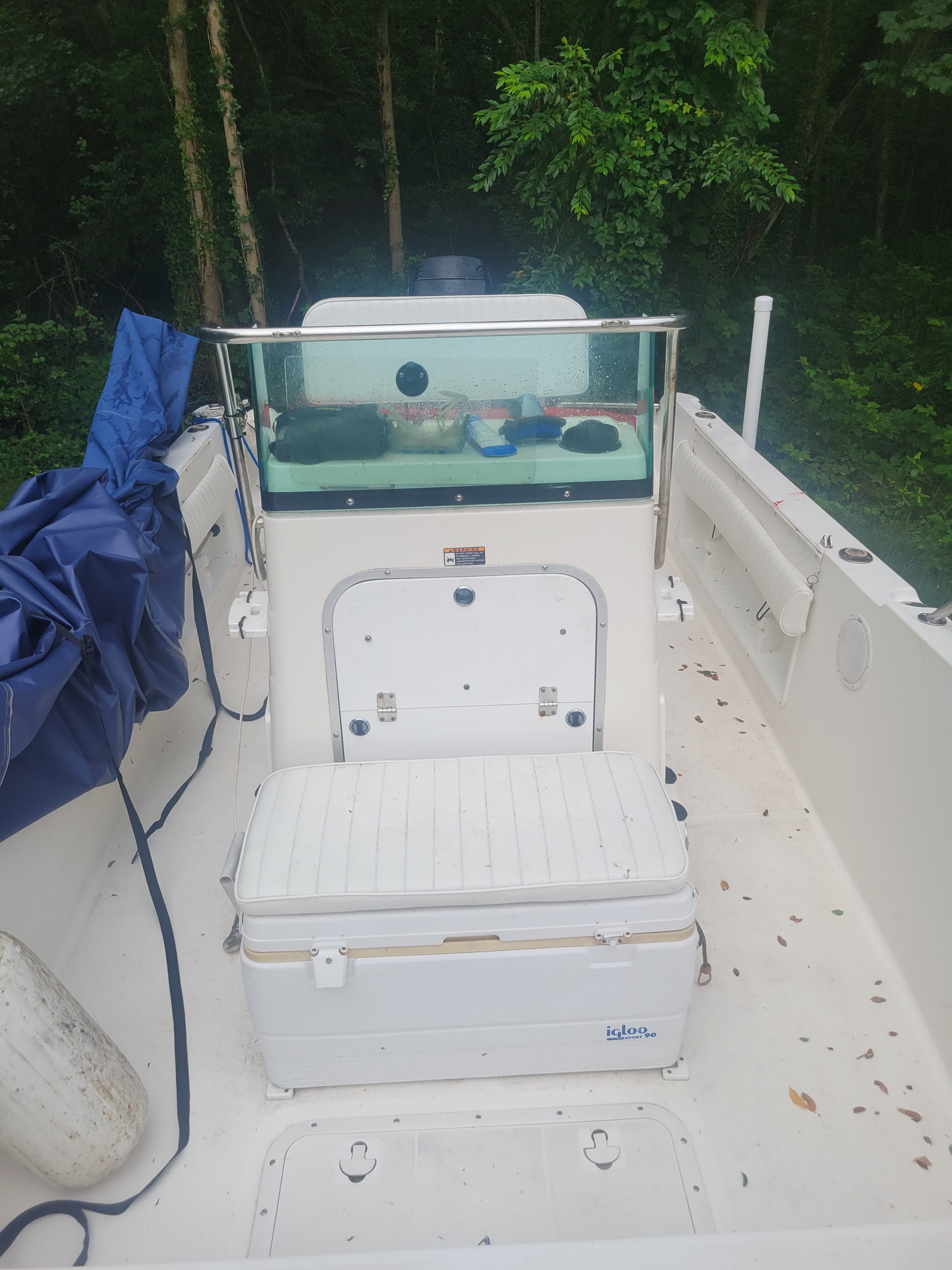 Robalo 2020 Center Console boat, 2001 model, with seating and console, surrounded by greenery.