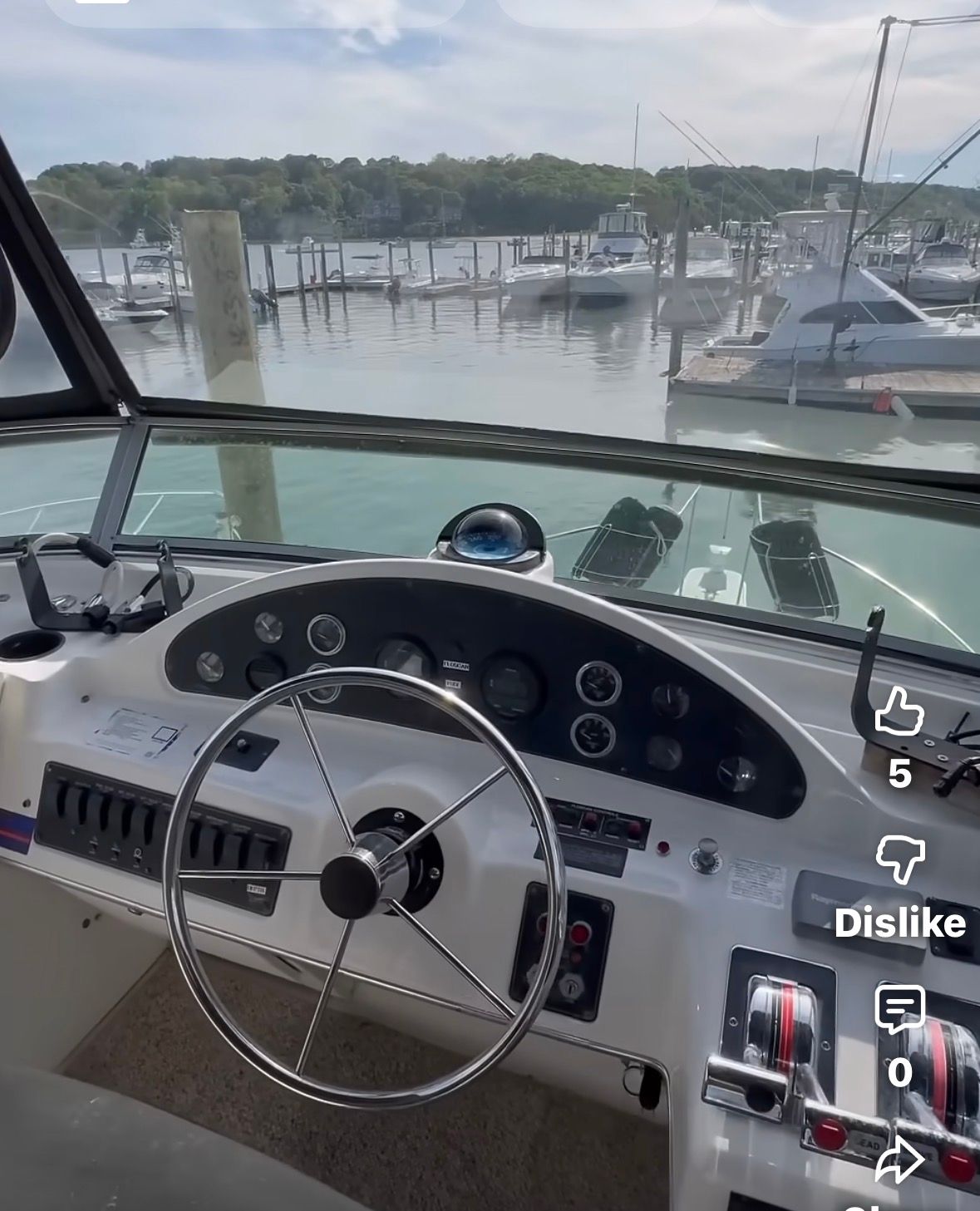 Bayliner 3587 yacht helm with harbor view, 1996 model.