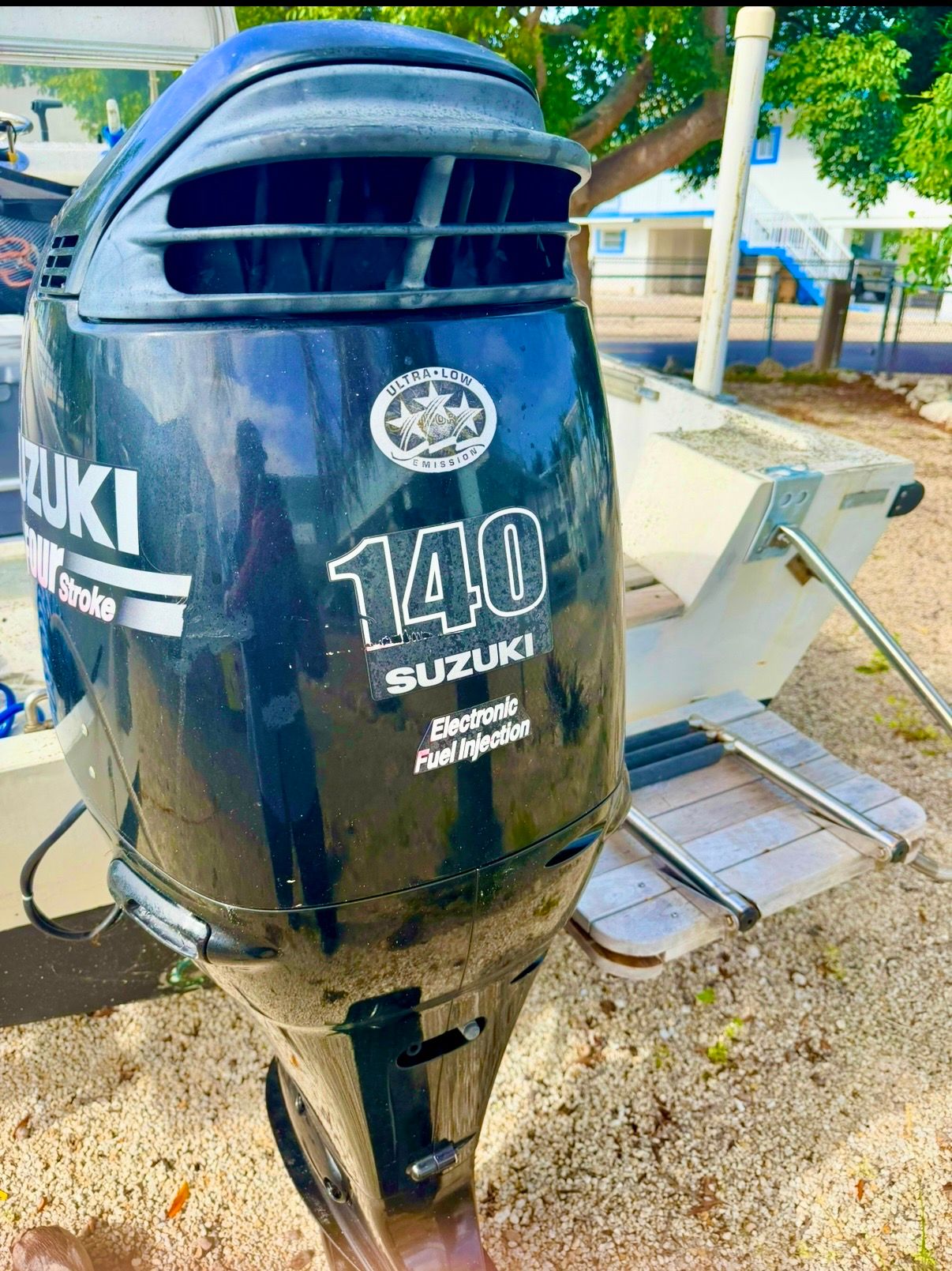 Suzuki 140 HP outboard motor on a 1970 Mako 20 boat.