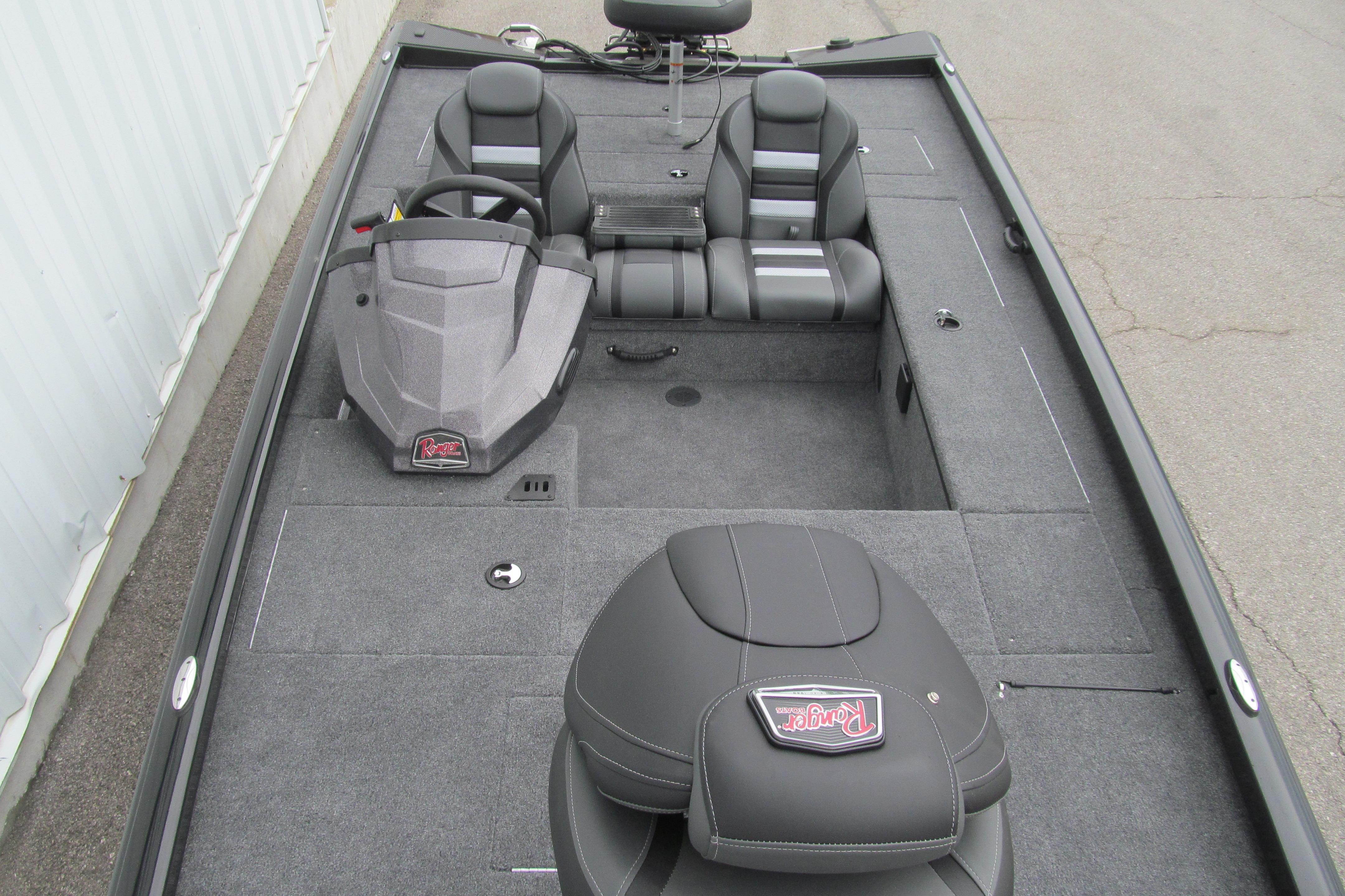 2026 Ranger RT188C boat interior with gray seating and steering console.