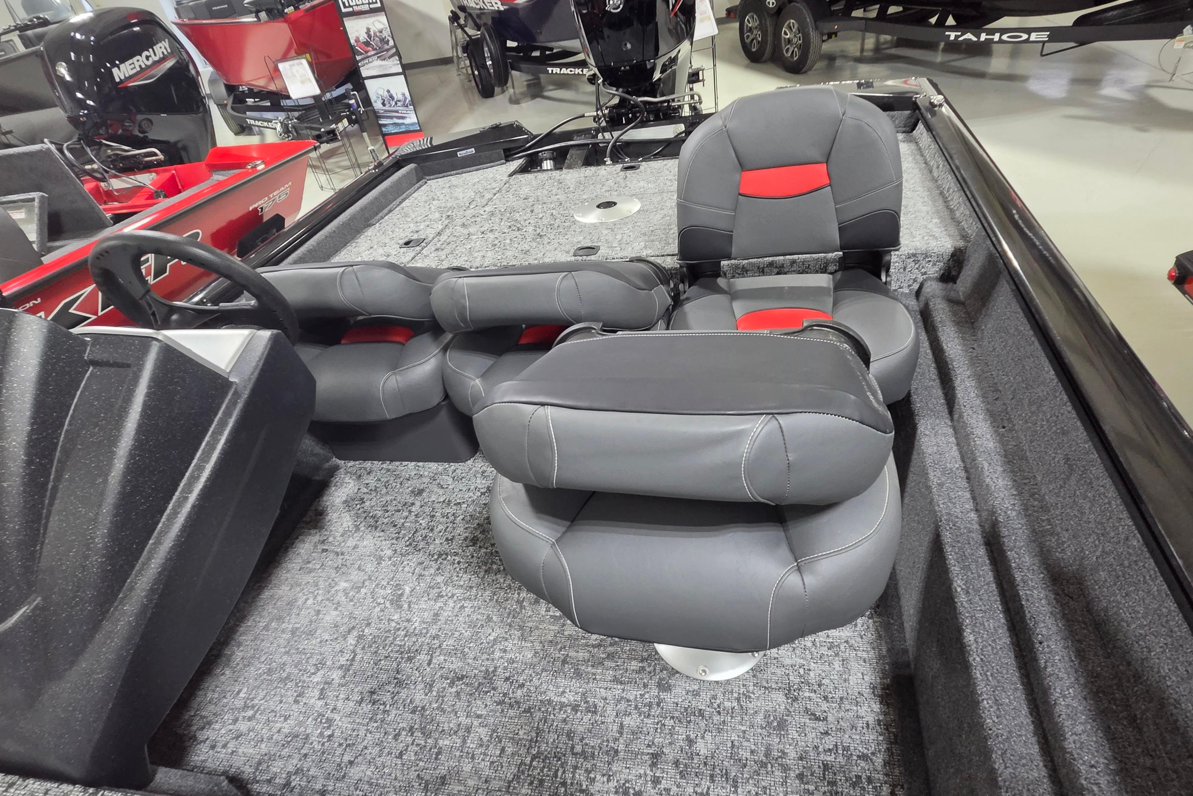 2026 Tracker Pro Team 175 Crappie Edition boat interior with gray and red seating.