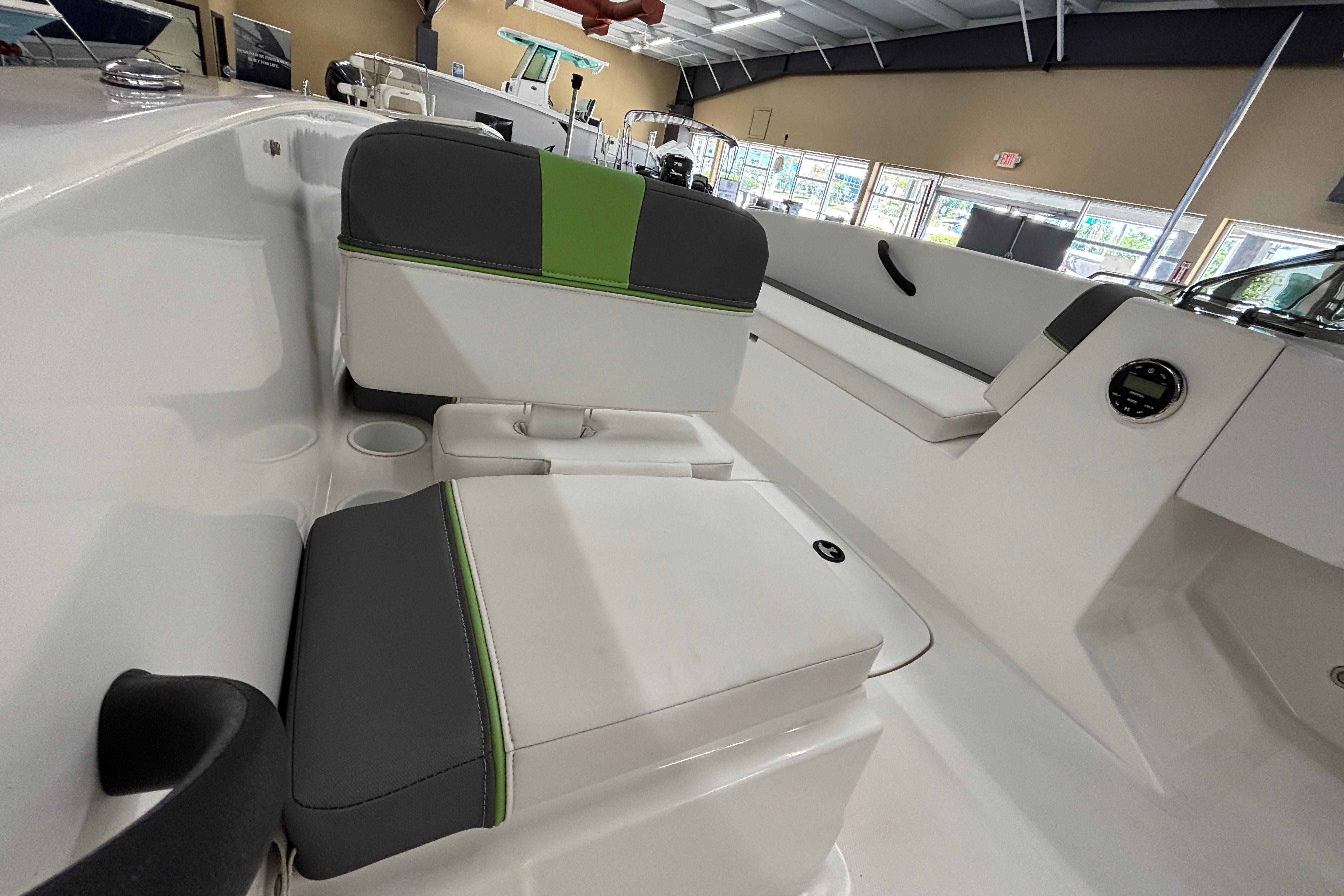 2024 Tahoe T18 boat interior with modern seating and cup holders.