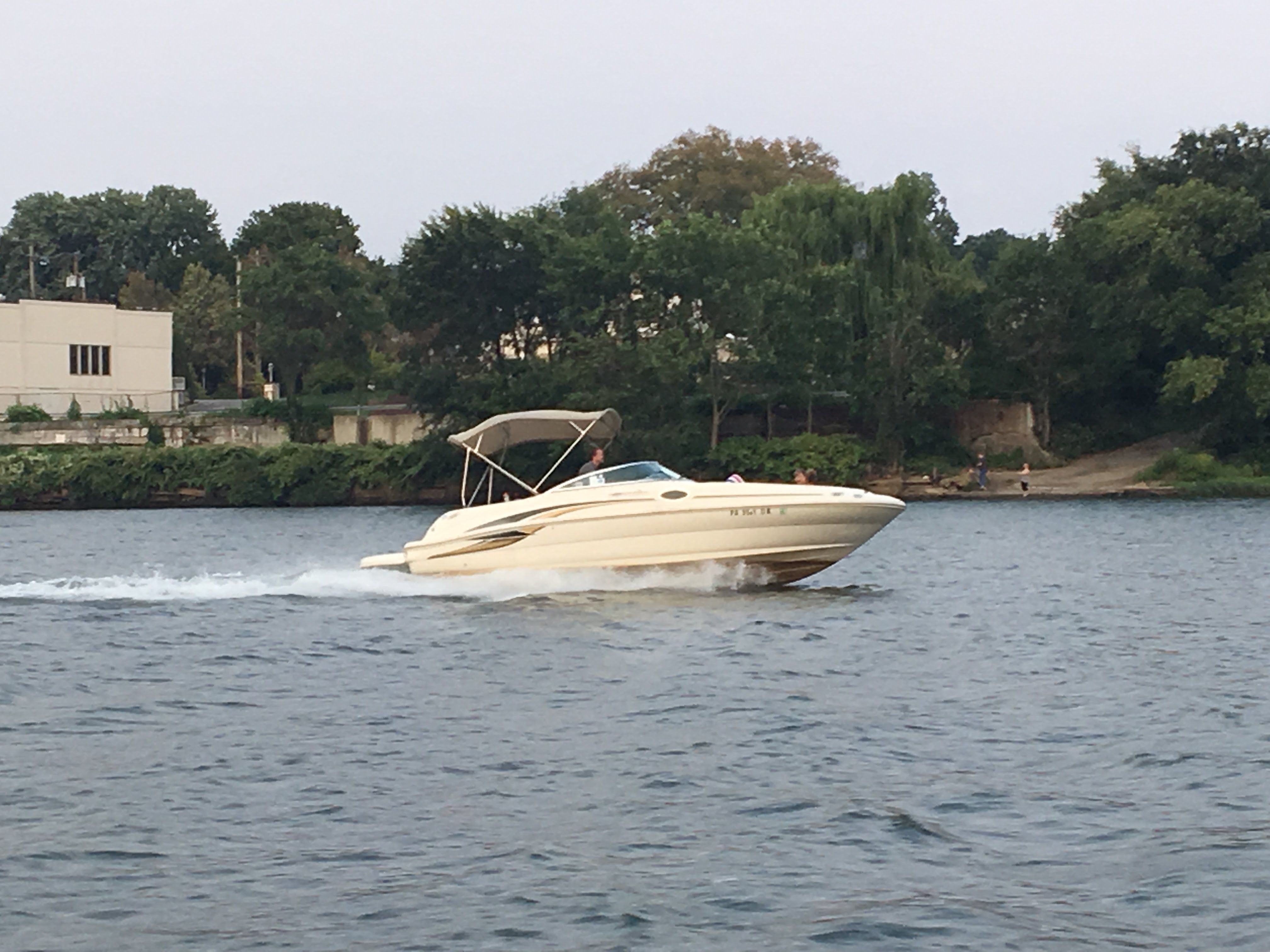 2001 Sea Ray 240 Sundeck boat cruising on a river.