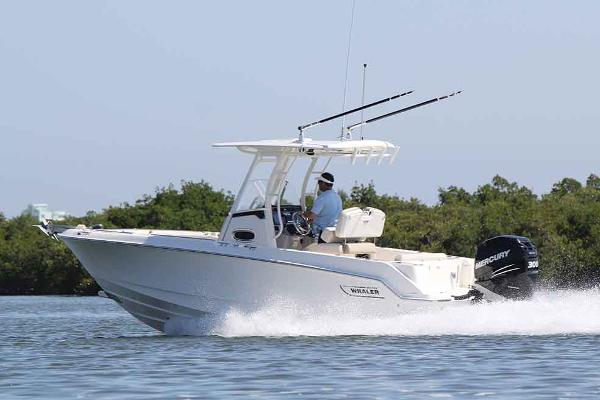 Manufacturer Provided Image: 2017 Boston Whaler 230 Outrage boat cruising on water with Mercury engine.