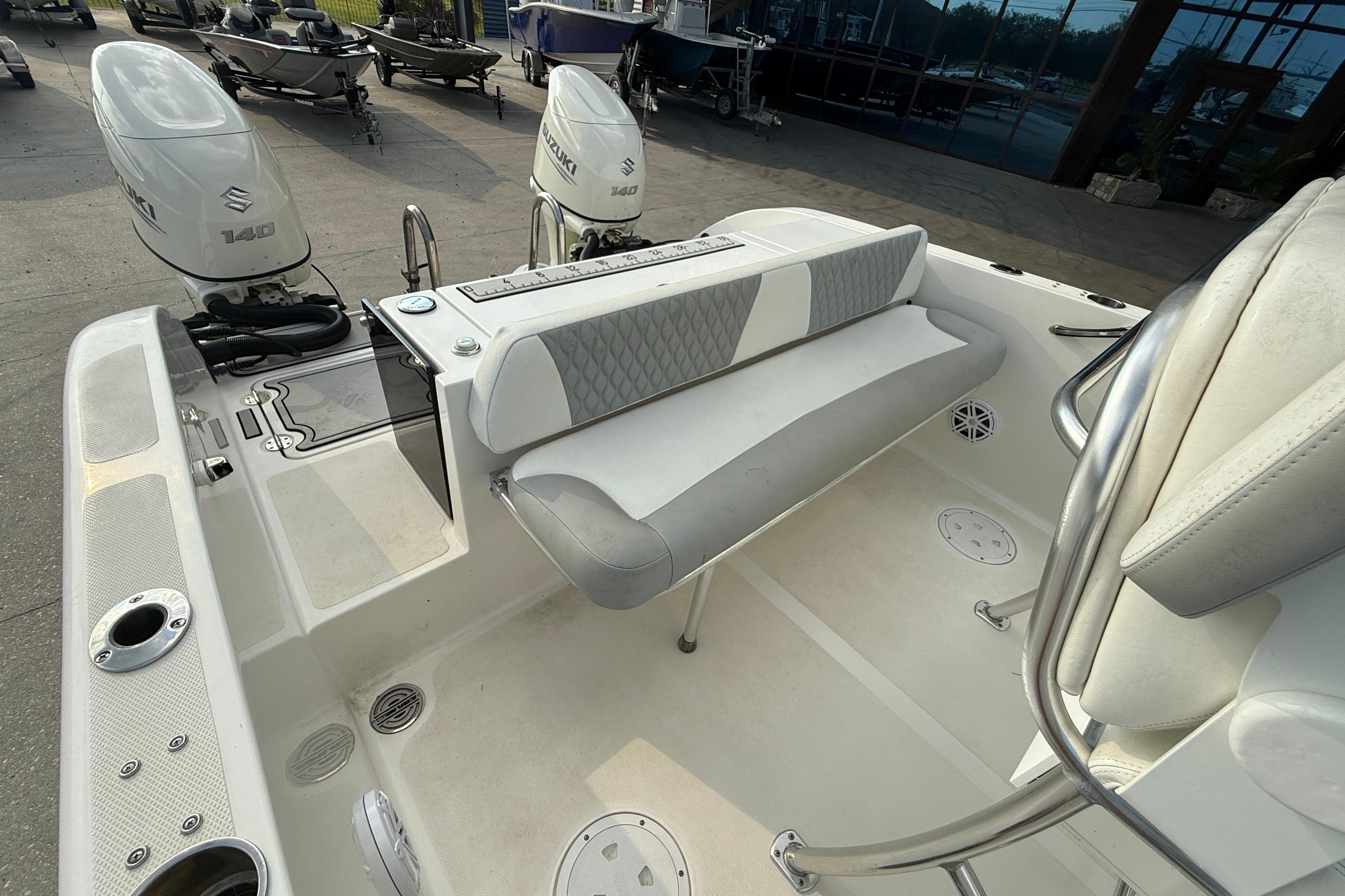 2020 Twin Vee 240 GFX CC boat interior with Suzuki 140 engines.