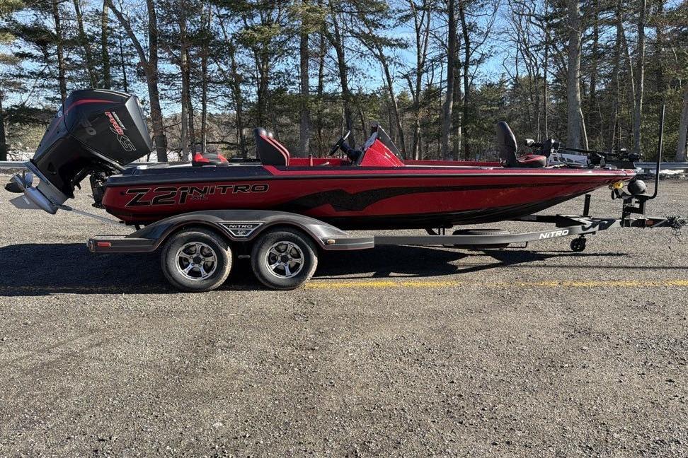 2026 Nitro Z21 XL Pro boat on trailer, parked outdoors.