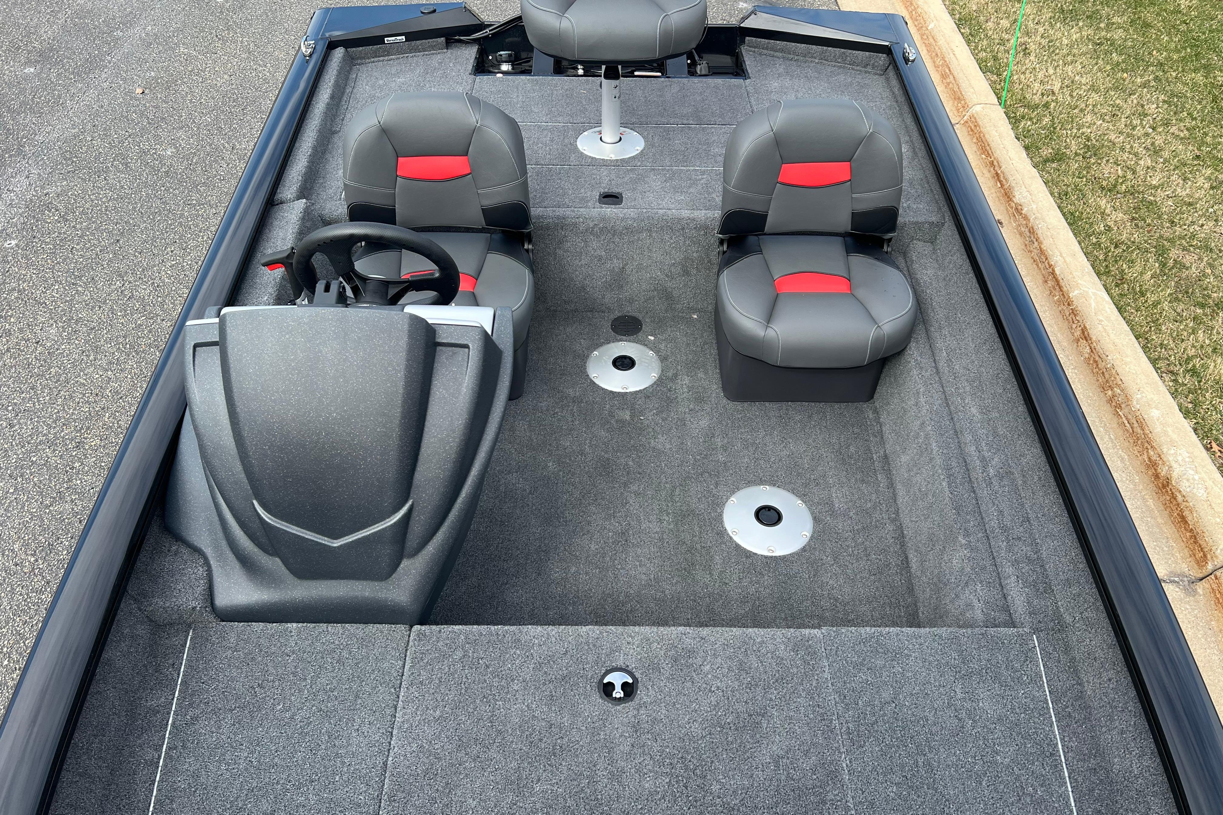 2026 Tracker Pro Team 175 Crappie Edition boat interior with gray and red seating.