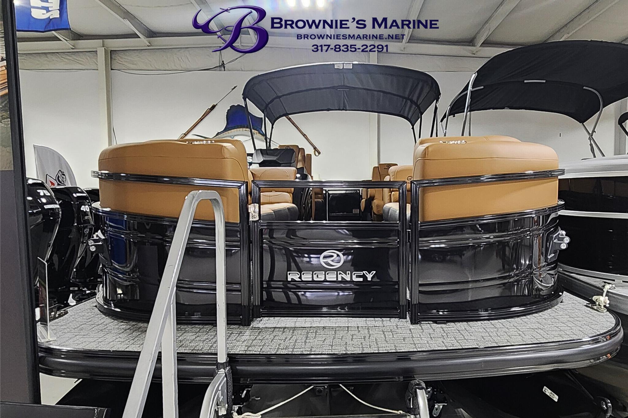 2026 Regency 250 DL pontoon boat displayed at Brownie's Marine showroom.
