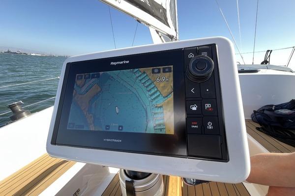 Navigation system on 2025 Hanse 360 yacht, displaying nautical map and controls.