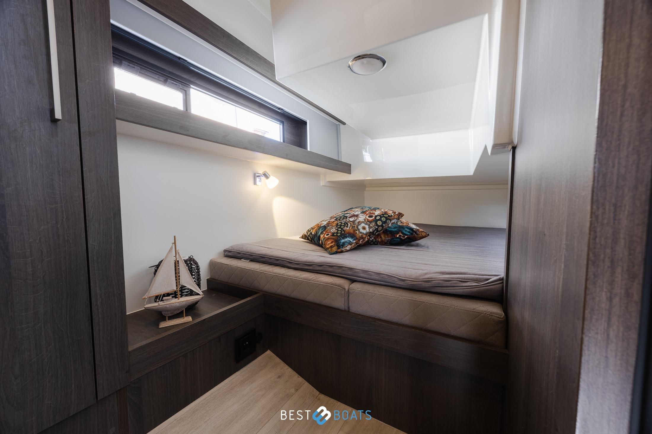 Cozy cabin interior of 2023 Cobra Yachts Futura 36 Premium Fly with modern design.