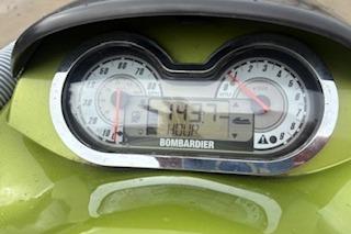Dashboard of a 2004 Seadoo Bombardier showing 149.7 hours.