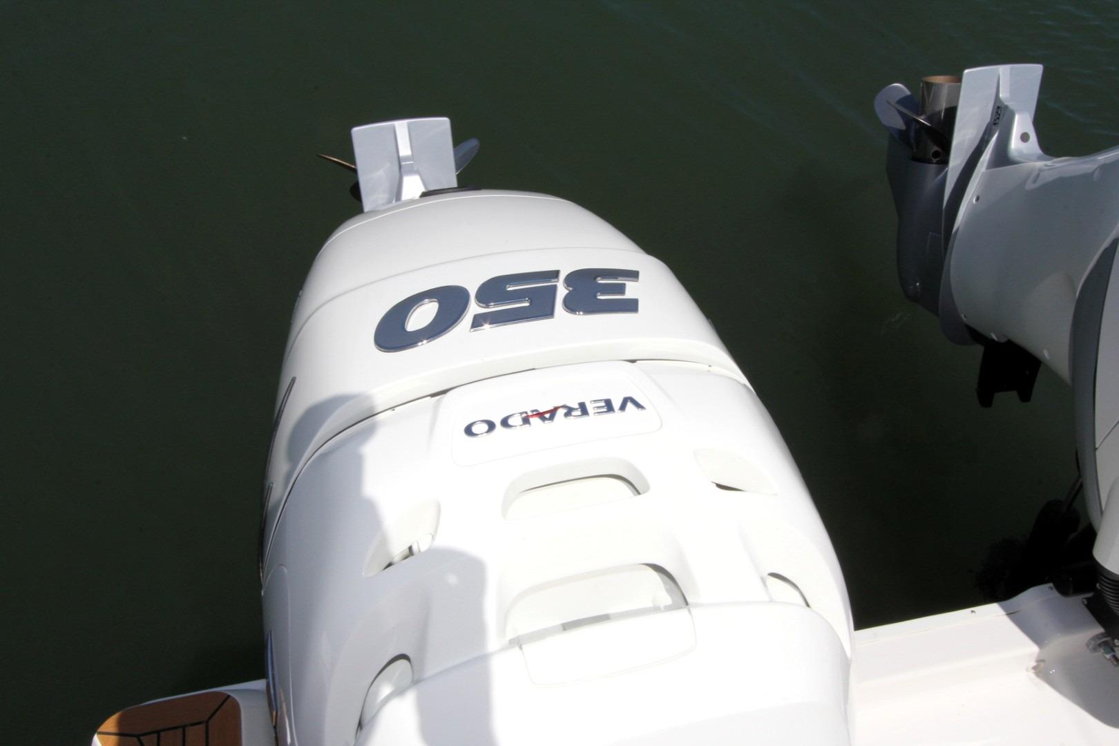 Outboard engine of 2021 Sea Ray Sundancer 320, featuring a 350 Verado motor.