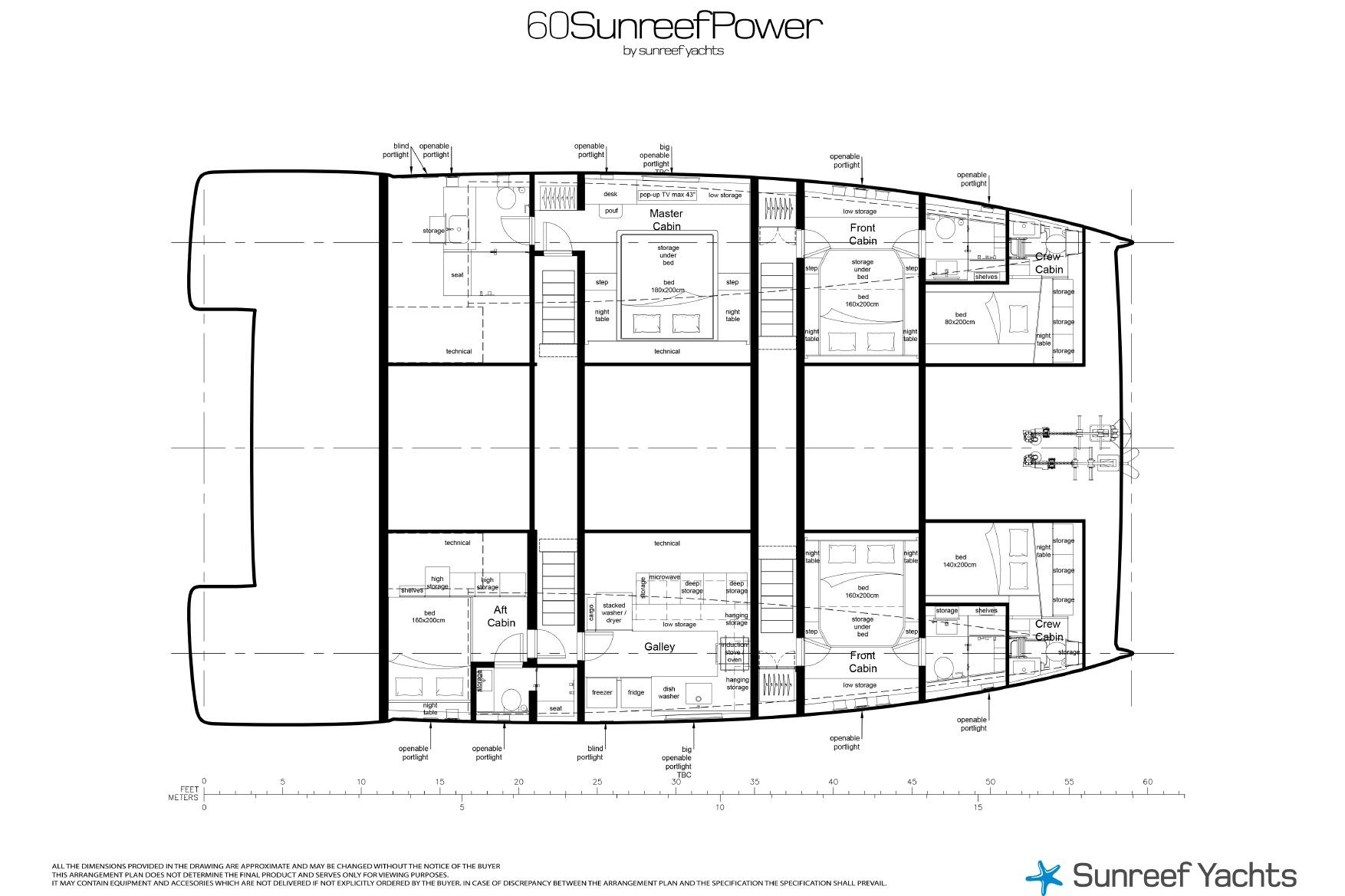 Floor plan of 2026 Sunreef 60 Power yacht, showcasing cabin and layout details.