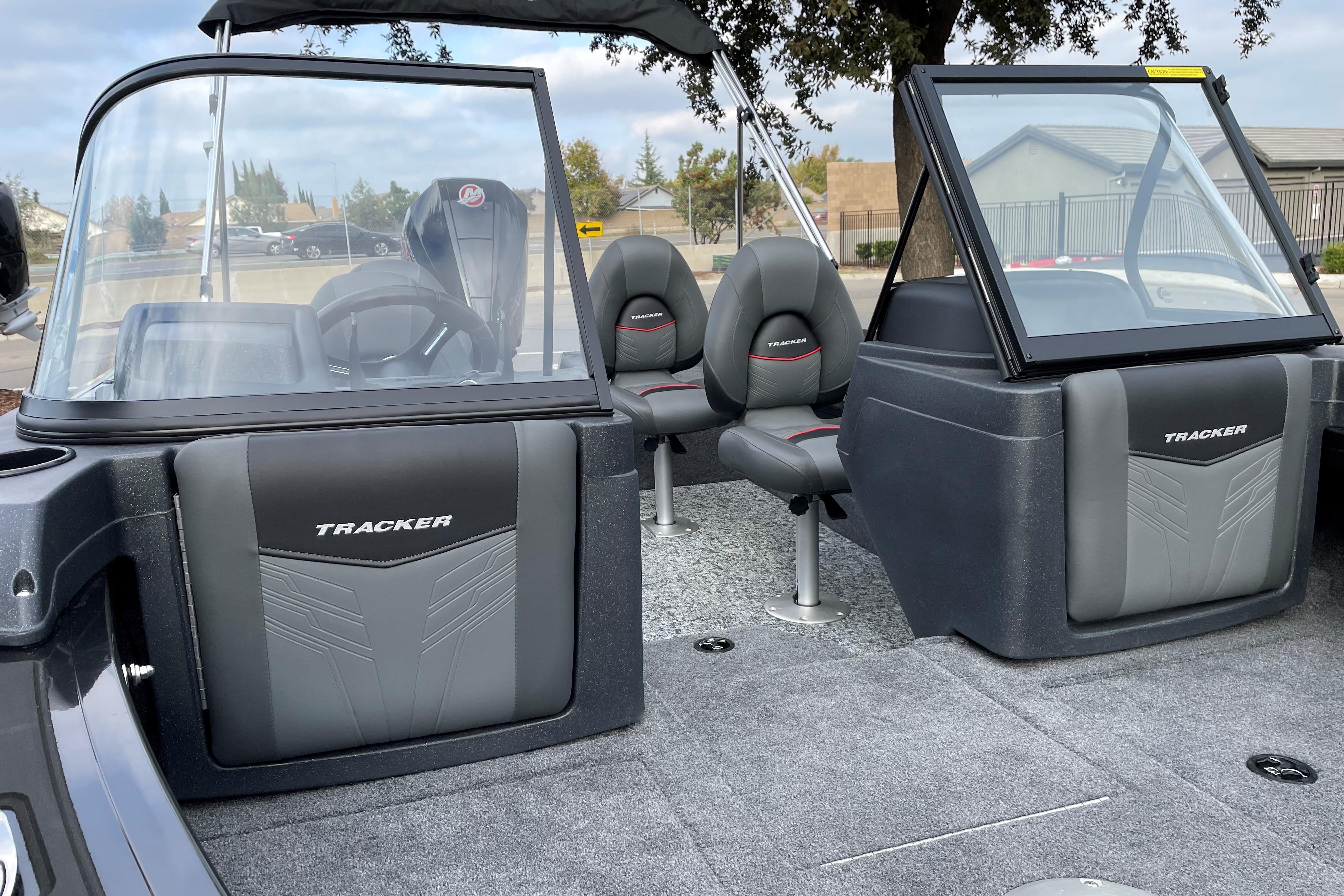 2026 Tracker Targa V-19 WT boat interior with dual windshields and seating.