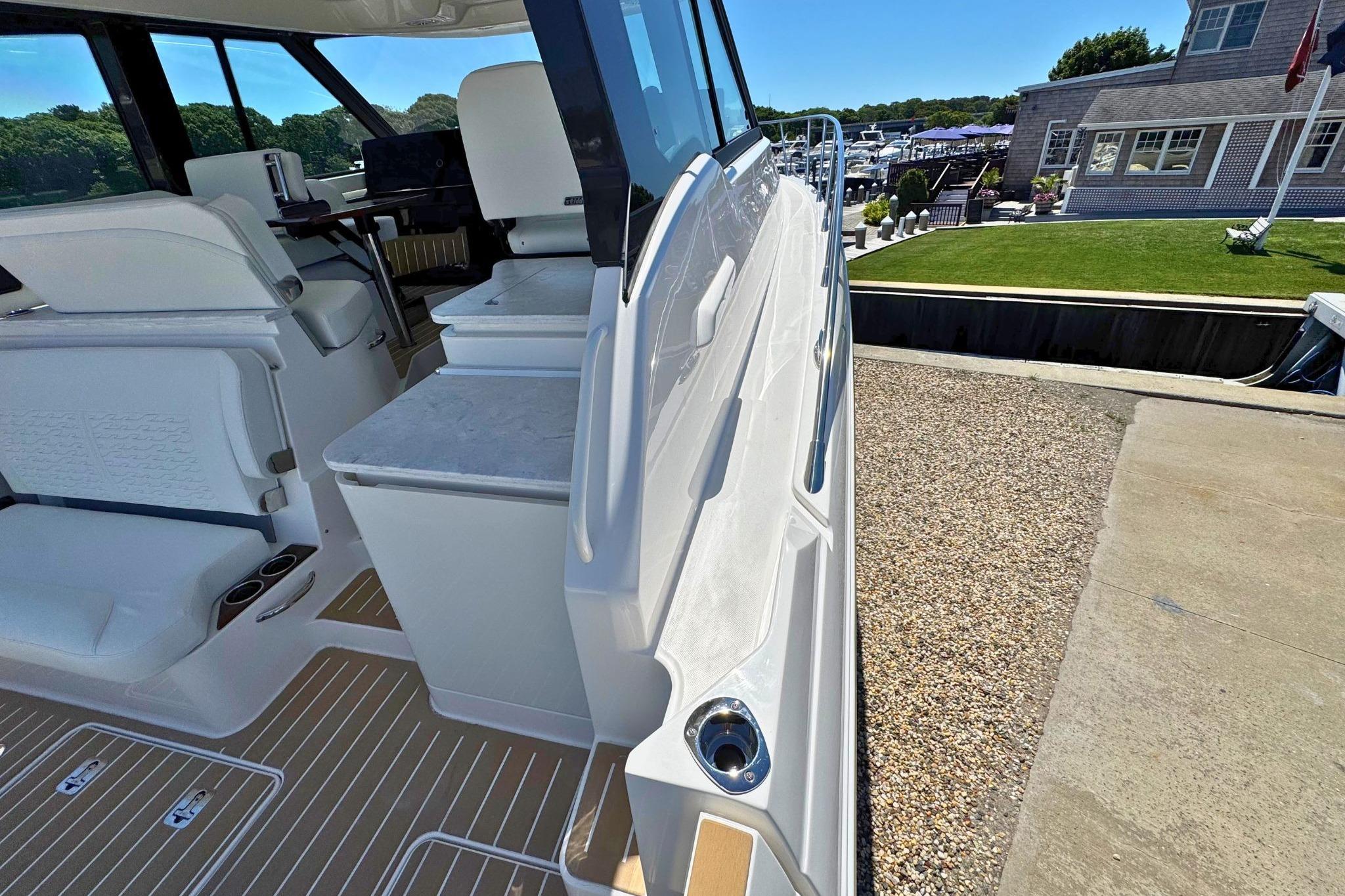 Interior view of 2027 Tiara Yachts 39 LE, showcasing luxurious seating and sleek design.