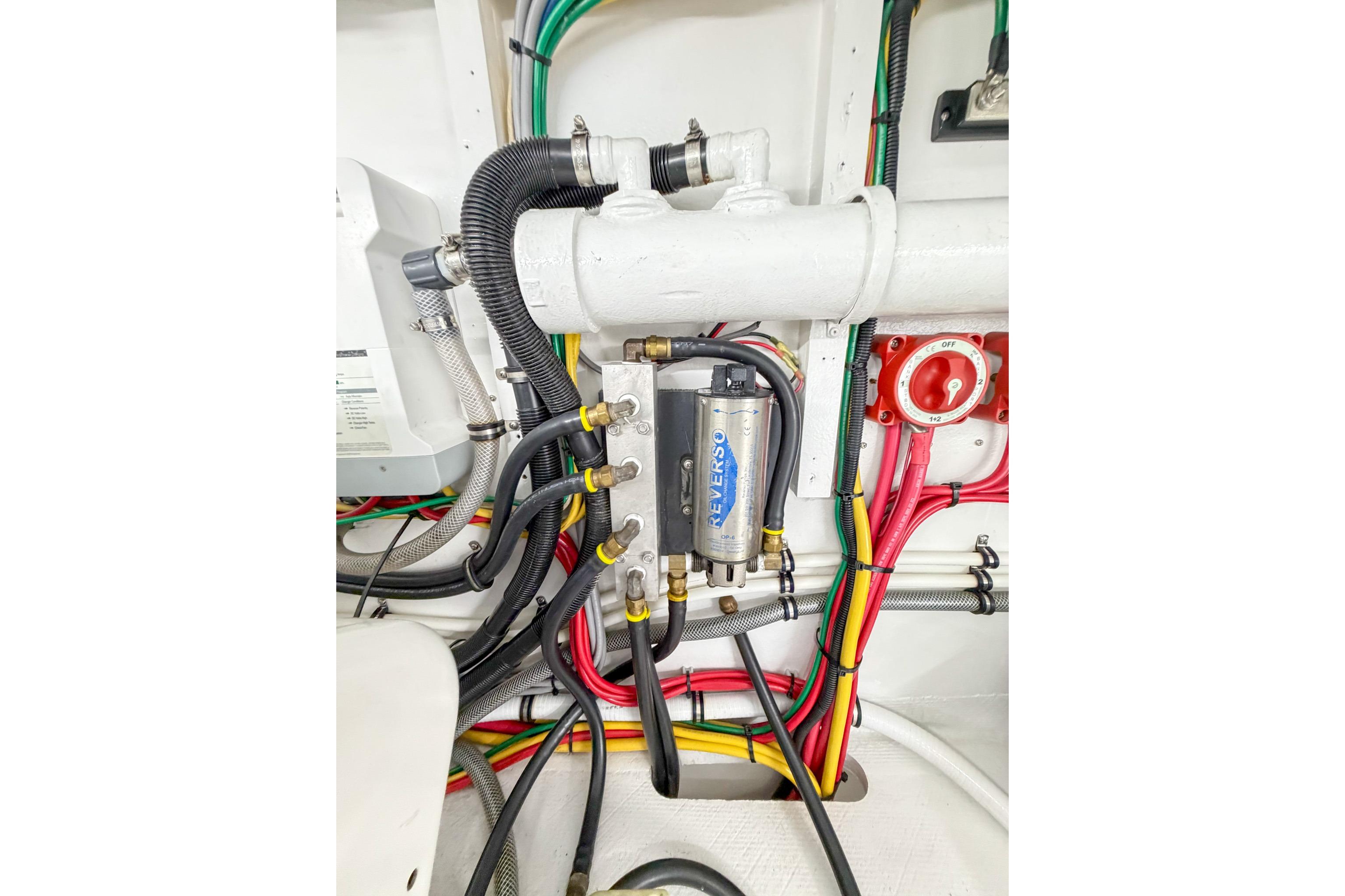 Engine room wiring and components of a 1998 Blackwell Custom Carolina Sportfish boat.