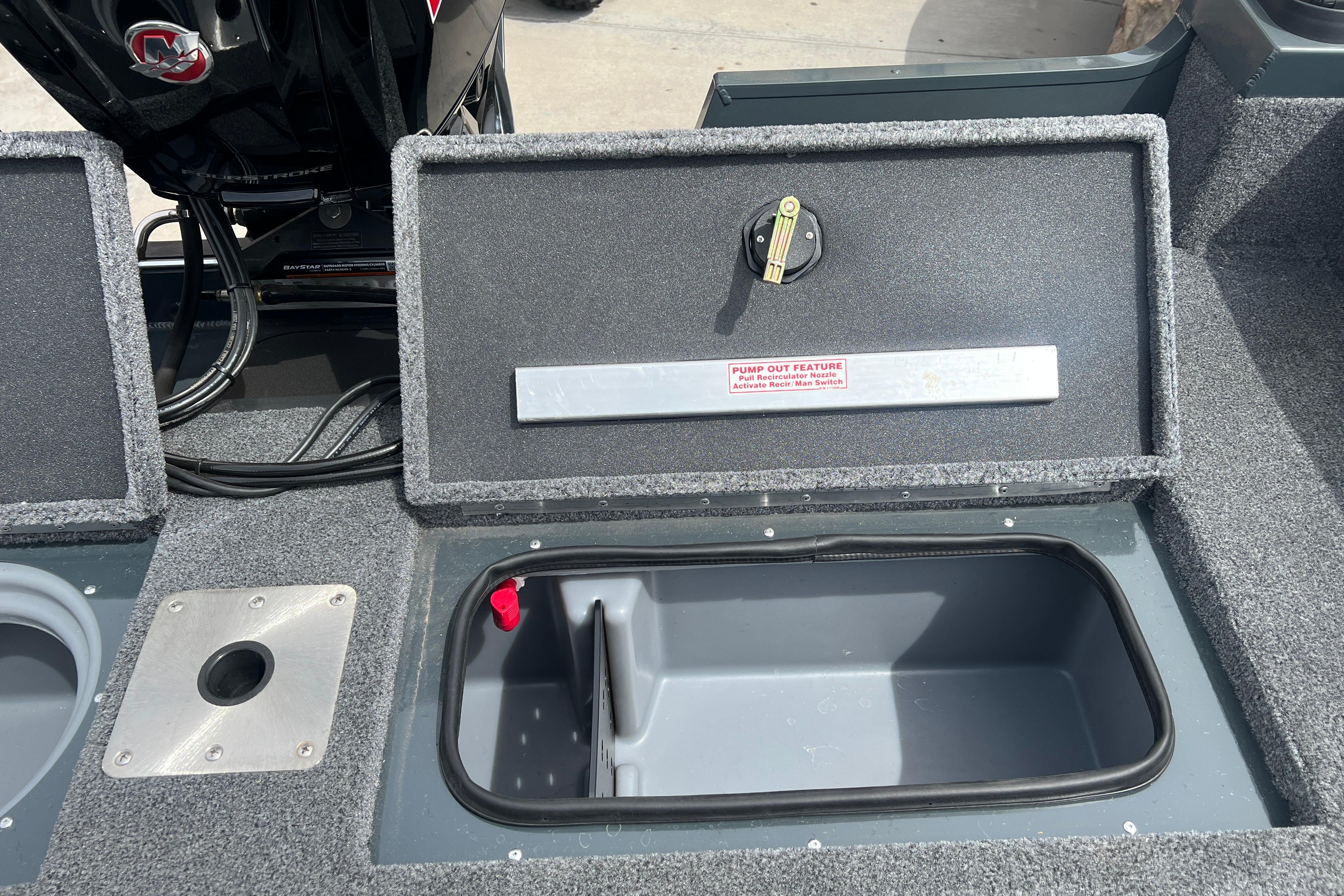 2026 Ranger VS1682SC Angler boat interior with storage compartments and pump-out feature.