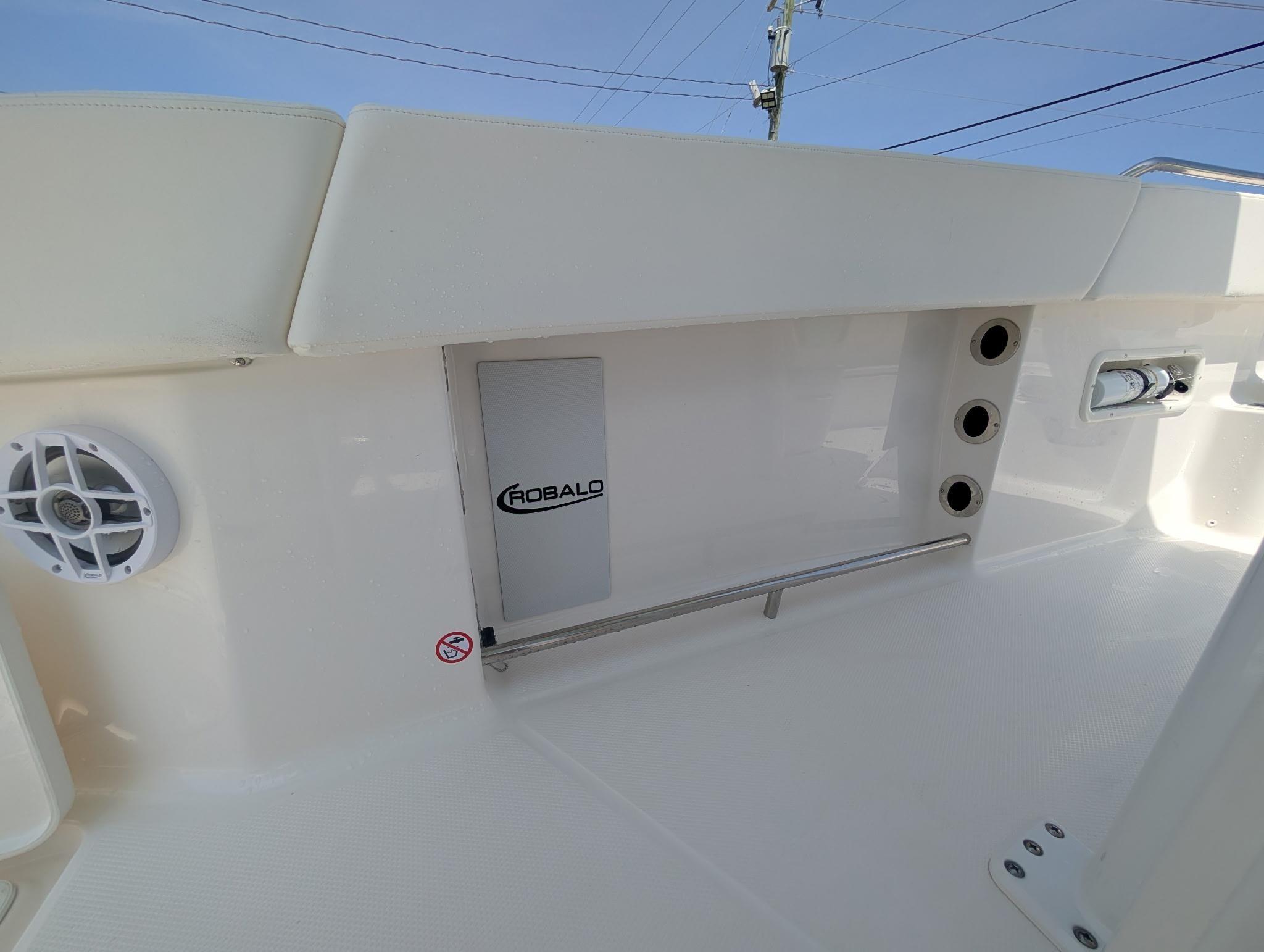 2025 Robalo R250 Center Console boat interior with speaker and storage compartment.