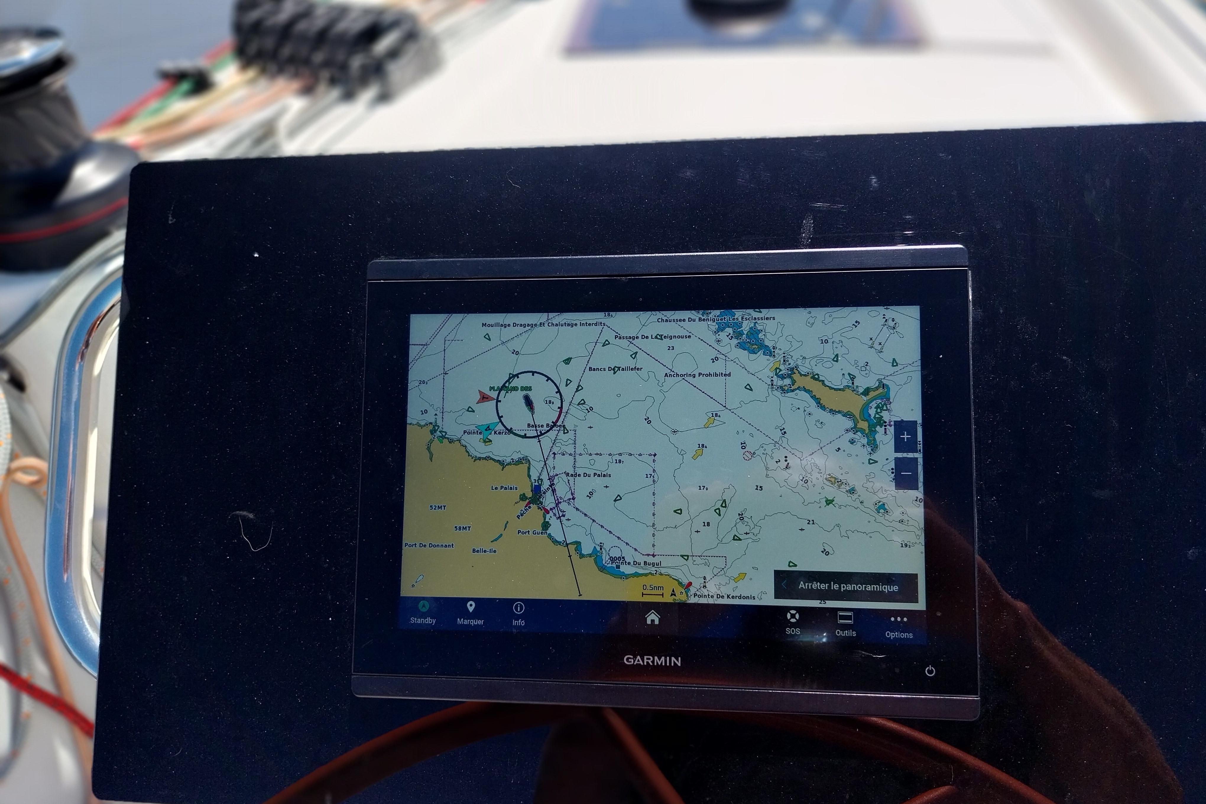 Garmin navigation display on 2024 Excess EXCESS 14 yacht, showing nautical map.