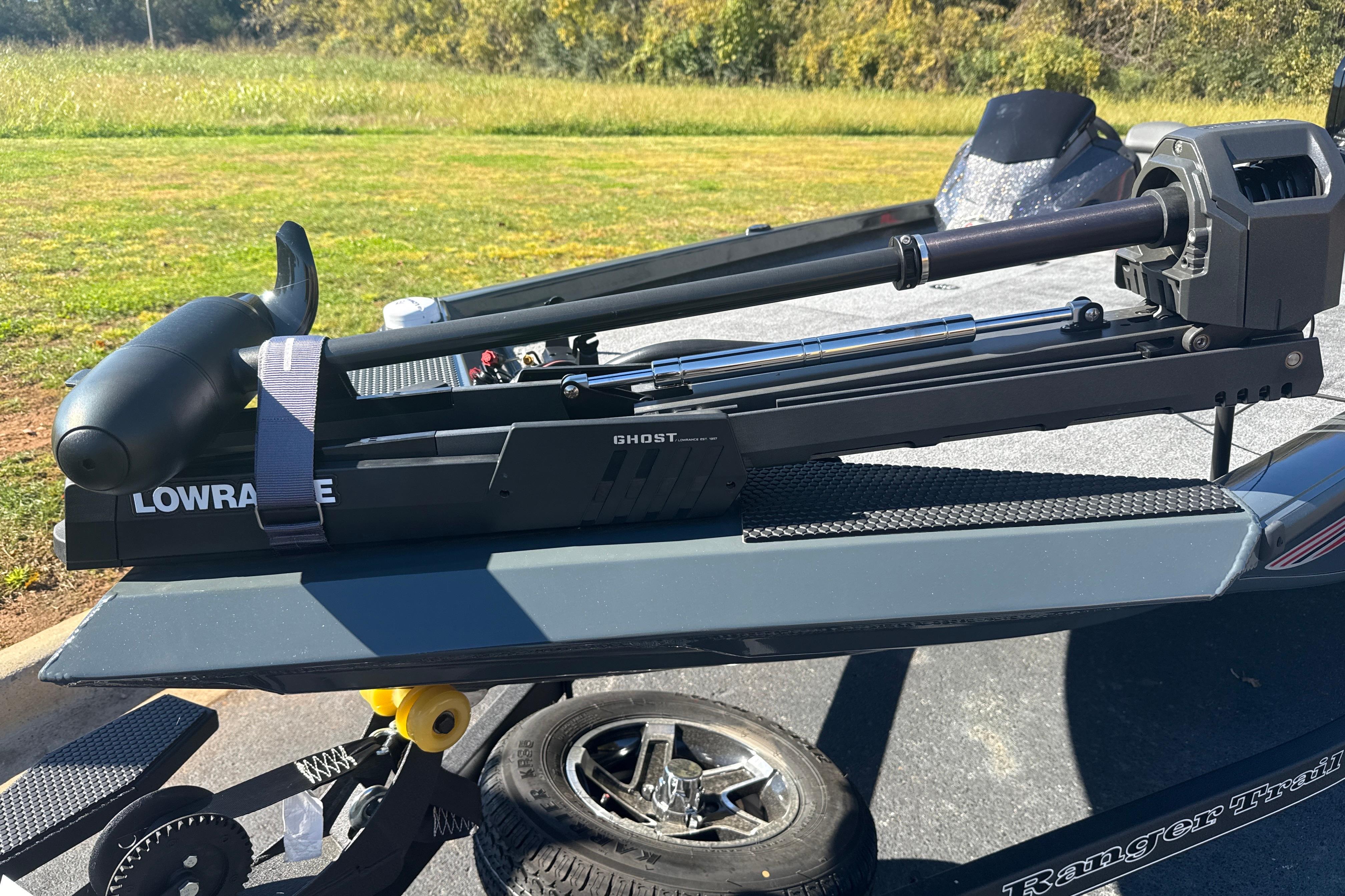 2025 Ranger RT188 boat with Lowrance Ghost trolling motor on a trailer.