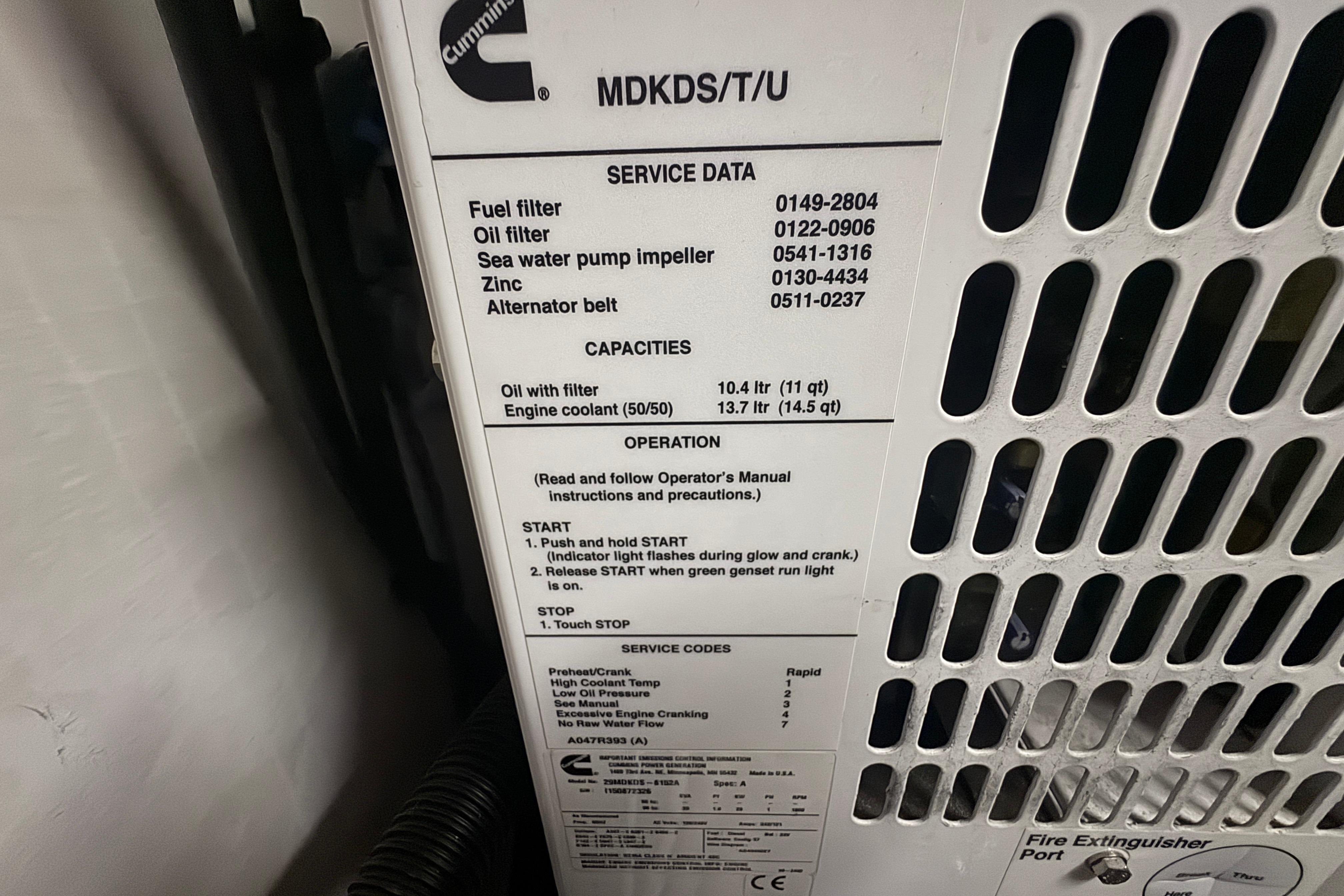 Cummins generator service data on a 2016 Sea Ray L590 Fly yacht.