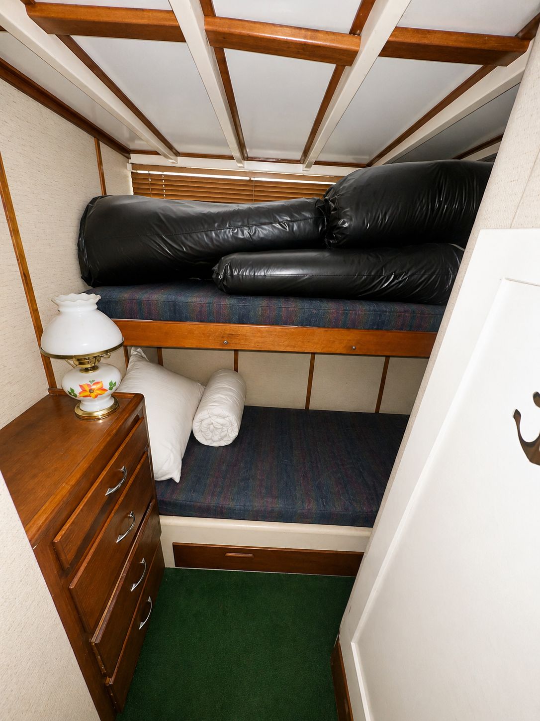 Interior of 1951 Chris-Craft 50 Catalina with bunk beds.