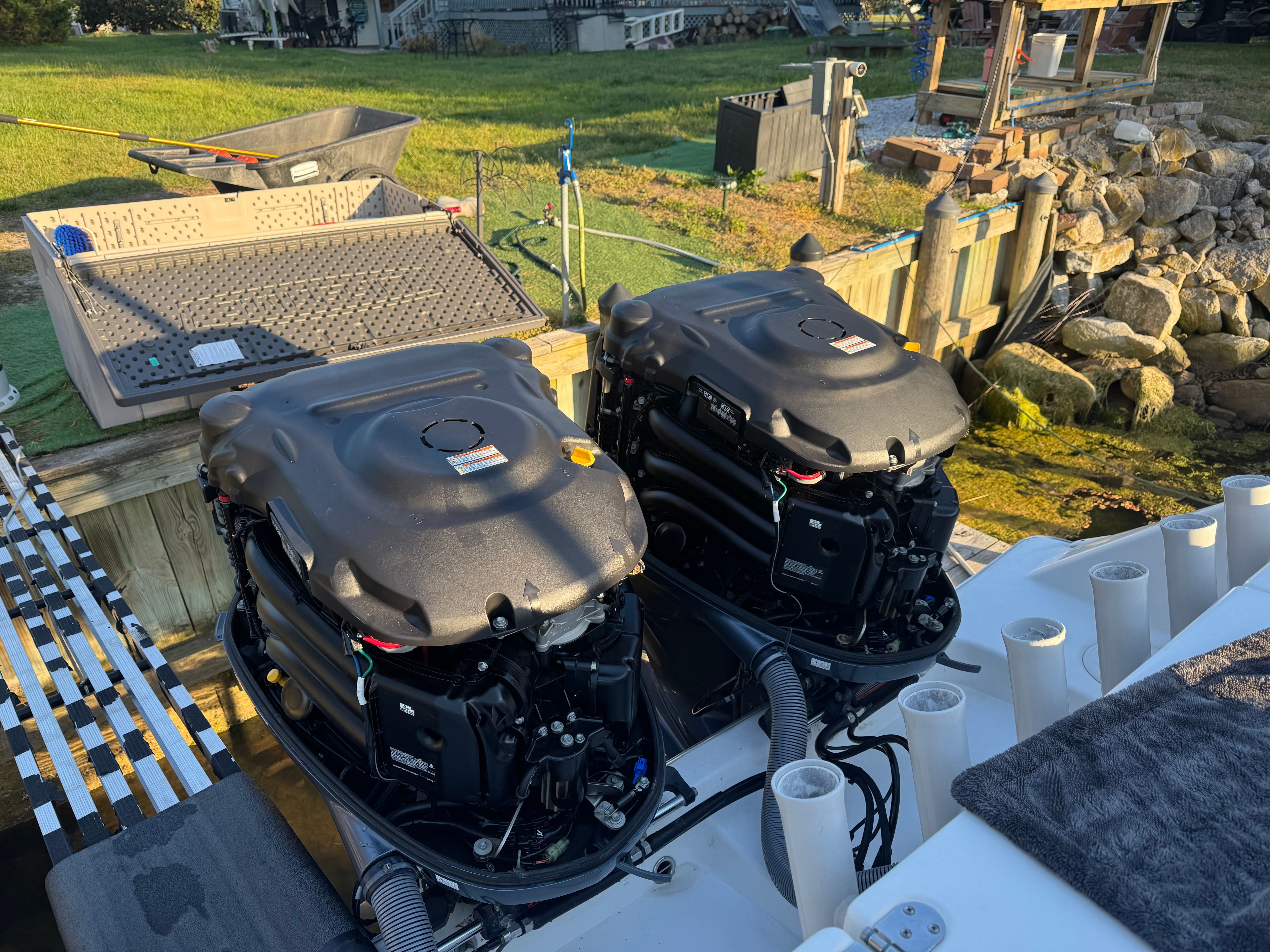 Cape Horn 32 XS 2021 with twin outboard engines at dock.