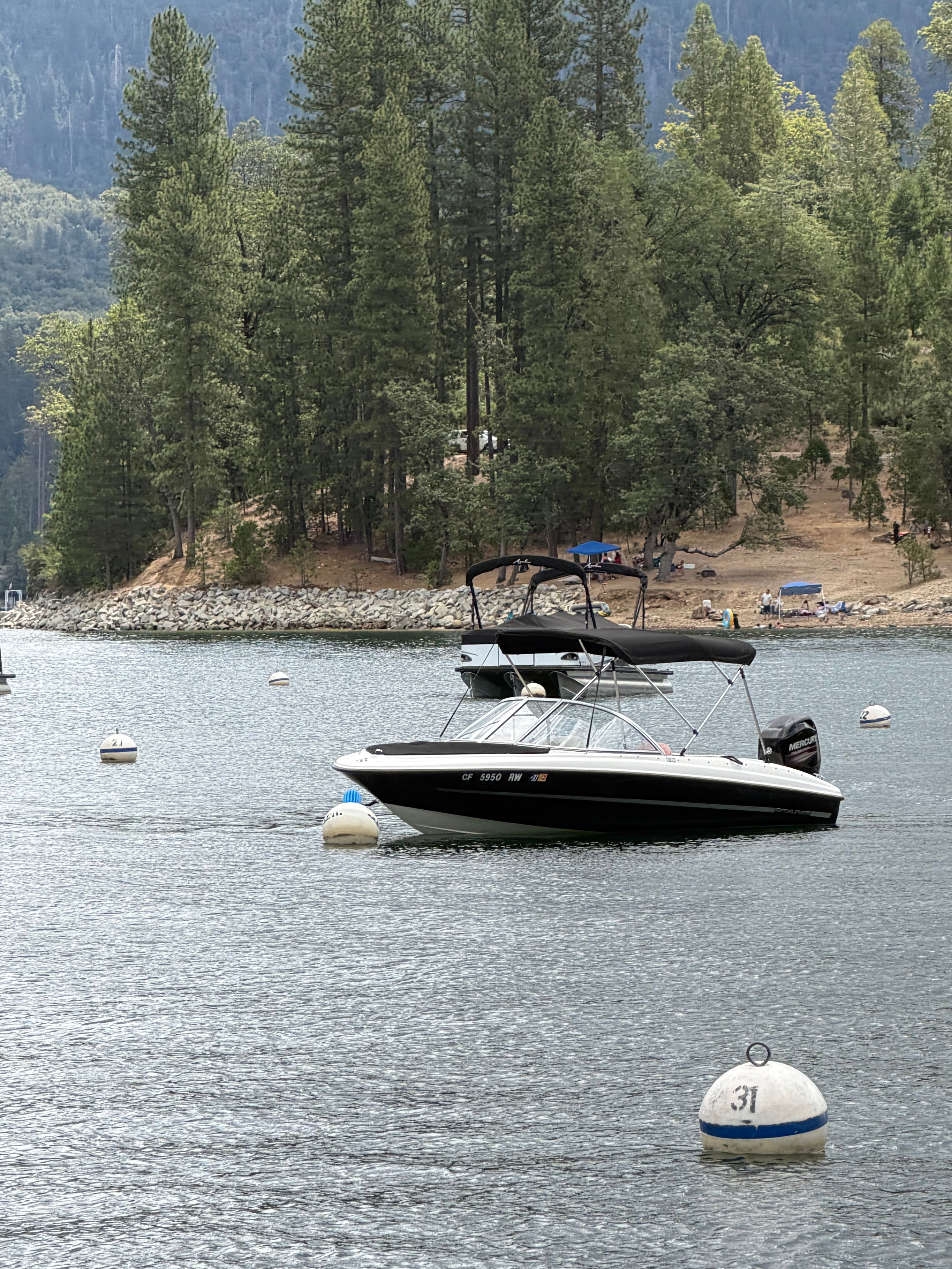 A 2016 Bayliner 160 Bowrider on a calm lake, surrounded by trees.