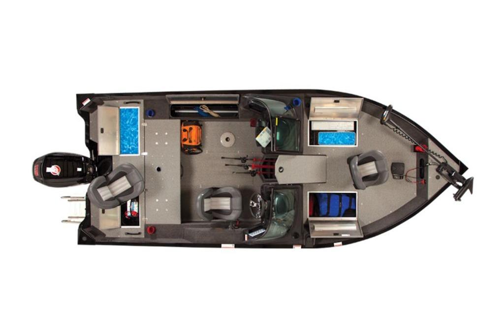 2026 Lowe Fishing Machine 175 boat interior layout, top view, featuring seating and storage.