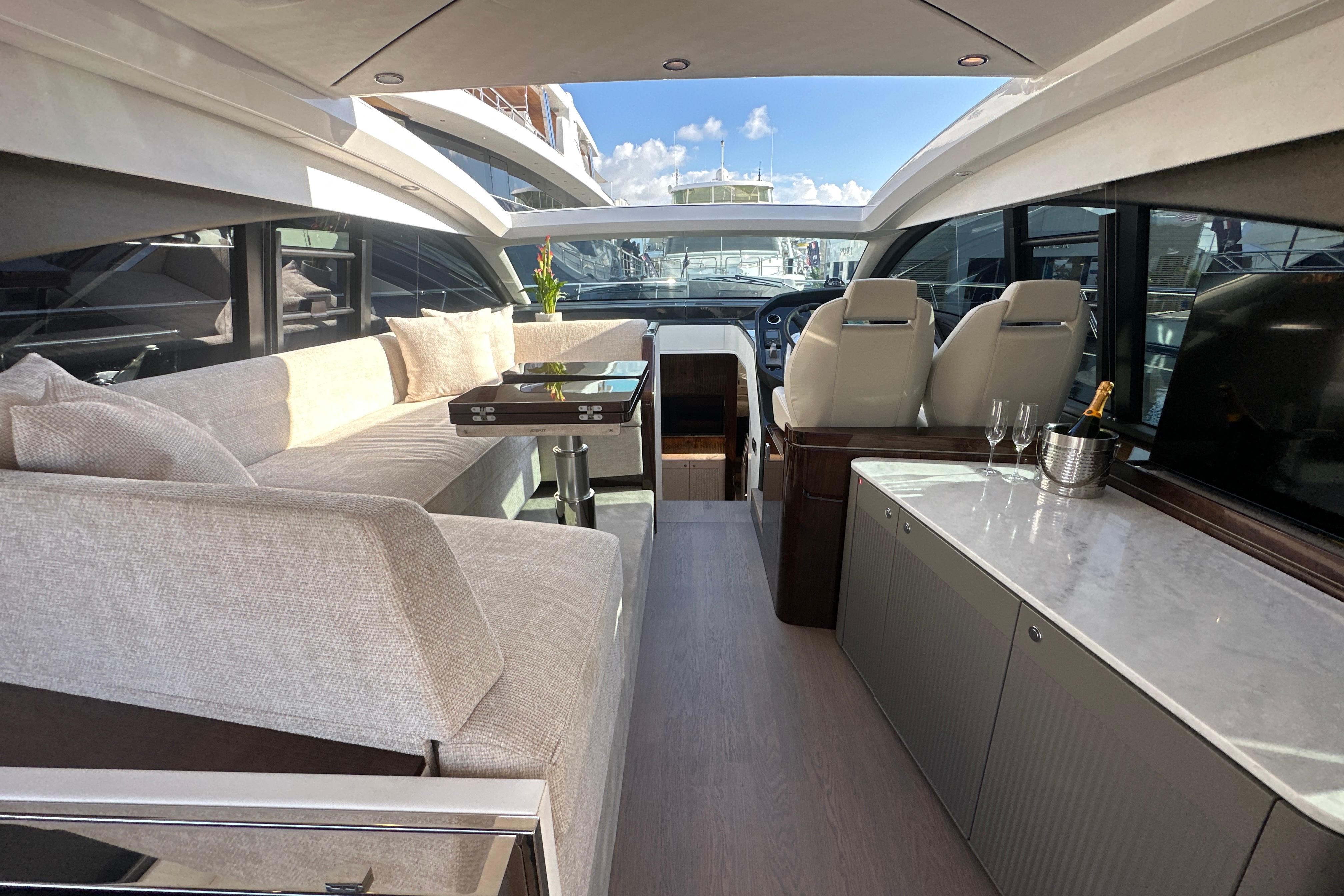 Luxurious interior of 2026 Fairline Targa 47 GT yacht with elegant seating and modern amenities.