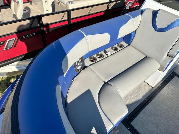 Interior of Montara 25' SURF BOSS 2.0, blue-gray upholstery, 2023 model.