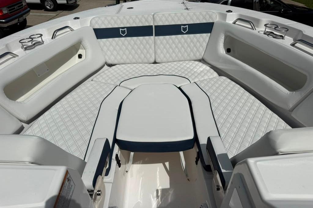 Interior view of 2026 Sea Fox 288 Traveler boat with luxurious seating.