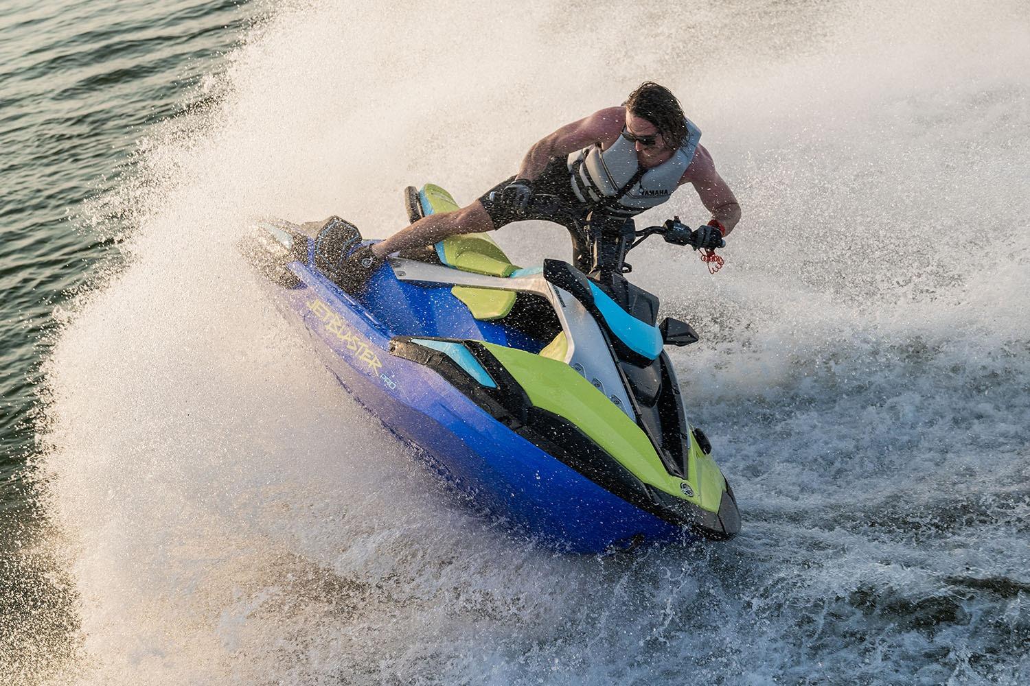 Manufacturer Provided Image: 2026 Yamaha WaveRunner JetBlaster PRO 2-Up in action on water, rider performing a sharp turn.