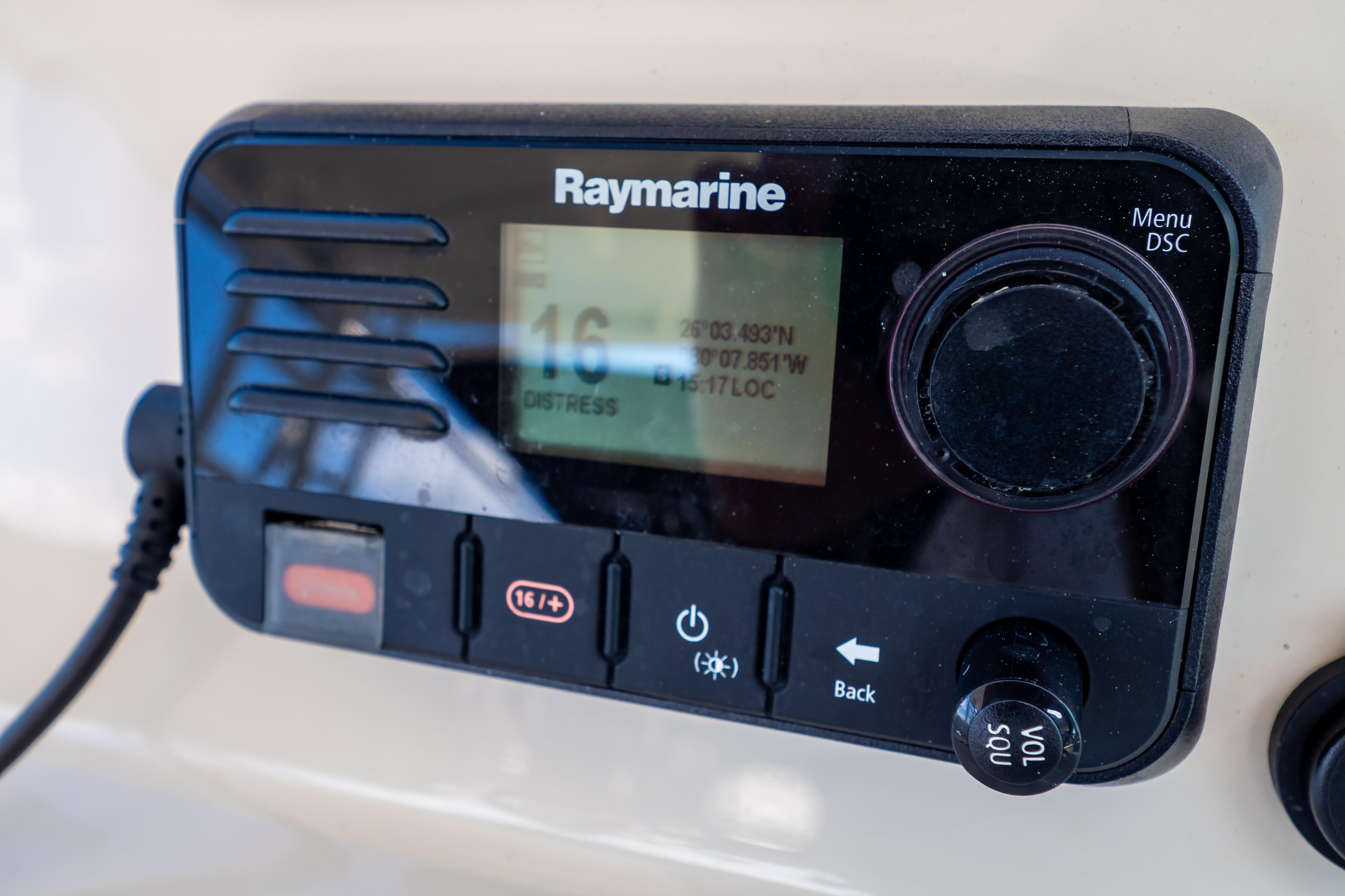 Raymarine marine radio on 2019 Boston Whaler 270 Vantage boat dashboard.
