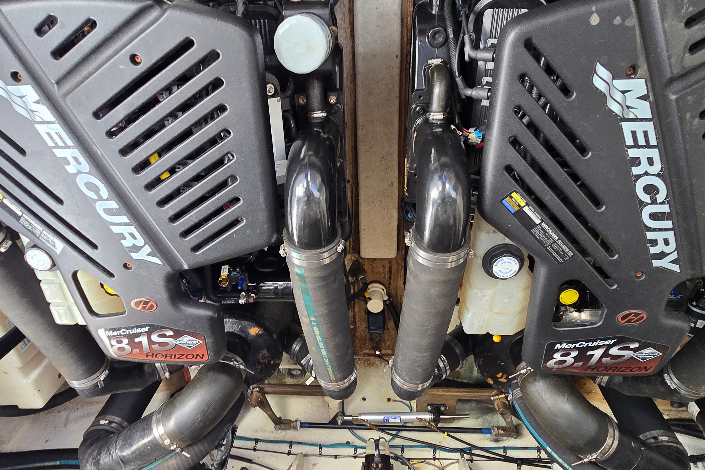 Engine compartment of a 2007 Sea Ray 340 Sundancer with twin MerCruiser 8.1S Horizon engines.